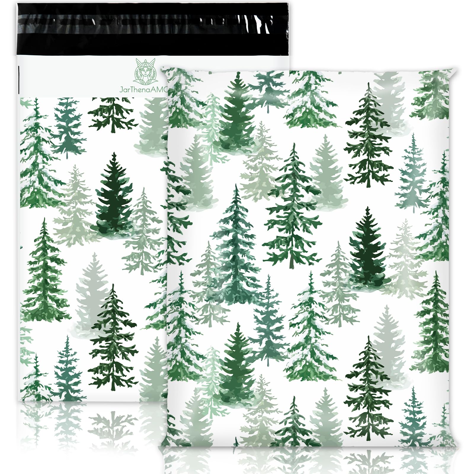 JarThenaAMCS 100 buste postali natalizie in polietilene, 25,4 x 33,5 cm, verde inverno, per albero di Natale, autosigillanti, per abbigliamento di piccole imprese