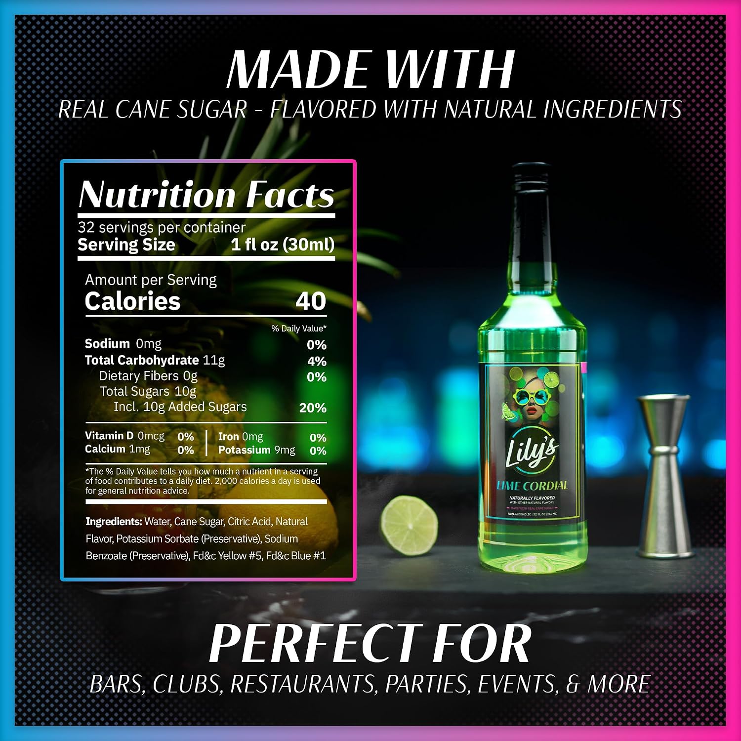 Lily’s Mixers Lime Syrup for Cocktails – Our Large 32 oz Bottle of Zesty Lime Cordial Drink Mixer Makes up to 64 Drinks - Works Great for Cocktails, Mocktails & Margaritas (Zesty Cordial, 2 Pack)