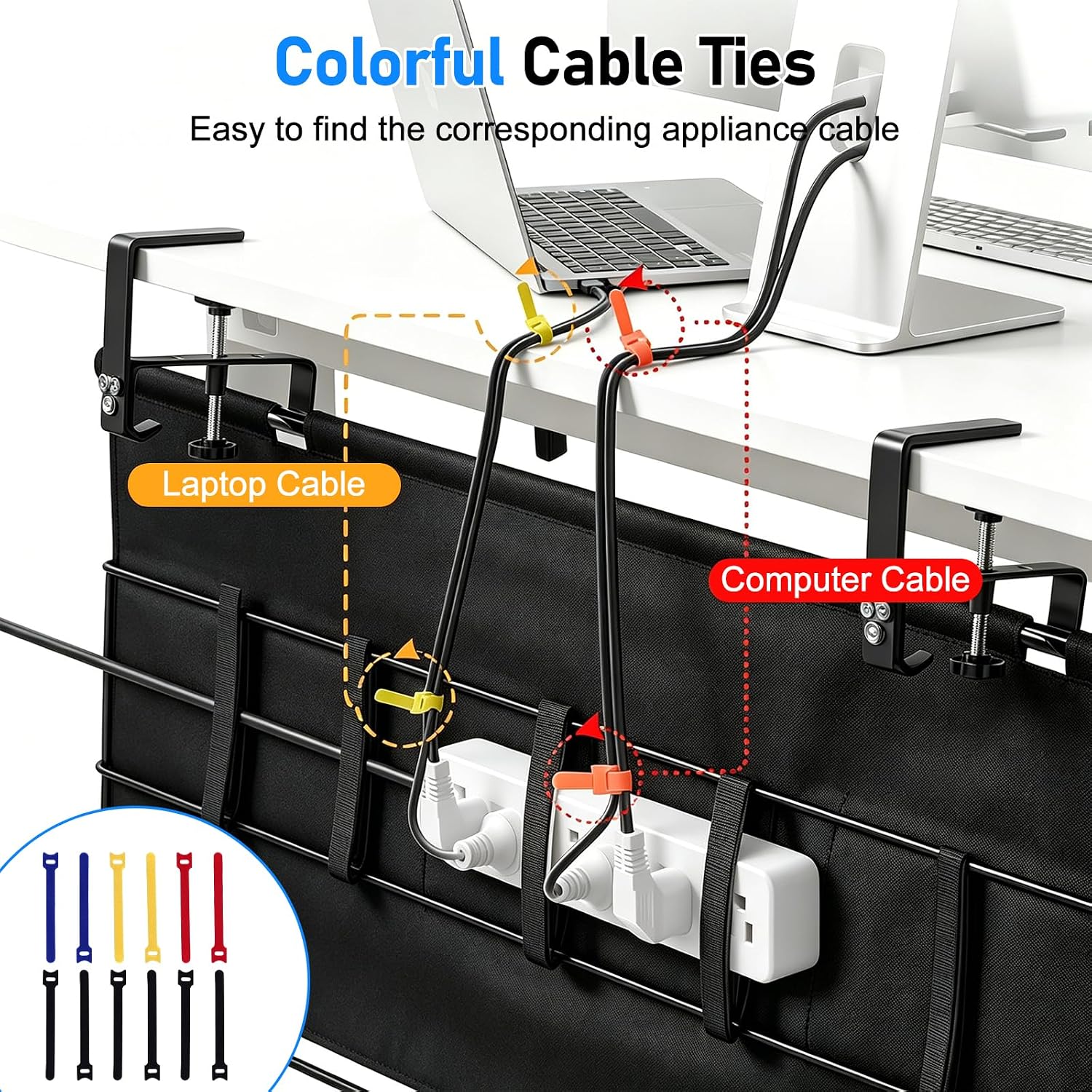 36" Under Desk Cable Management Tray, No-Drill Clamp-On Under Desk Cord Management for Desk, Anti-Sag Fabric Wire Management for Power Strips, Cable Raceways Tray Cord Hiders for Office/Home (Black)