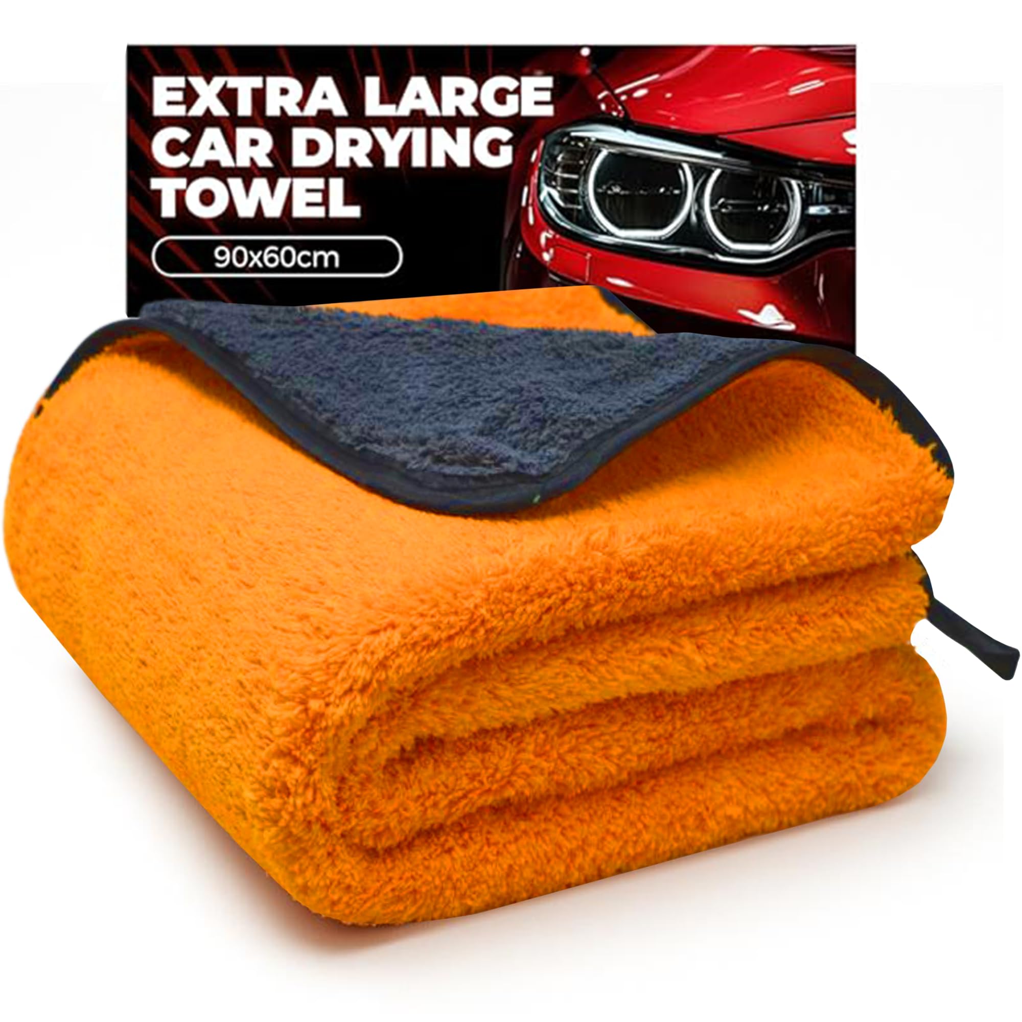 Towelogy® Car Drying Towel Extra Large - Double Sided 90x60cm Microfibre Drying Cloth - Super Absorbent One Pass Car Towel (Orange/Grey)