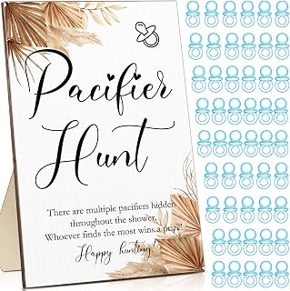 Roowest 51 Pcs Pacifier Hunt BabyShower Games Include Wooden Hunt Sign and 50 Acrylic Mini Plastic Pacifiers for BabyShower Game Decoration Gift Sets Gender Reveal Party