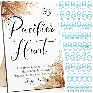 Roowest 51 Pcs Pacifier Hunt BabyShower Games Include Wooden Hunt Sign and 50 Acrylic Mini Plastic Pacifiers for BabyShower Game Decoration Gift Sets Gender Reveal Party