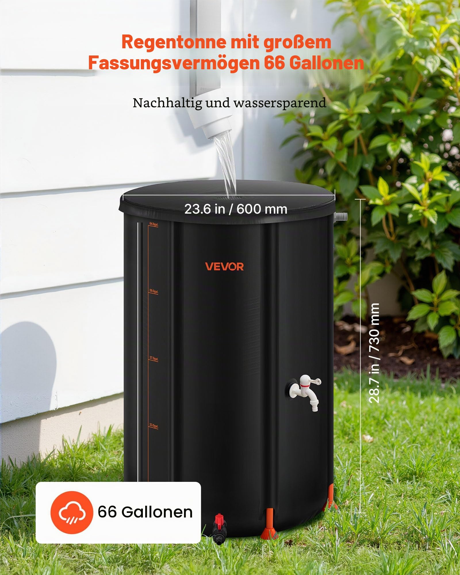VEVOR Regentonne faltbar, 250 L tragbares Regenfass, Regenwassertank, 500D PVC-Regenwassersammelsystem, Wassertank, Regenwassertonne mit Zapfhahn und Überlaufset, Schwarz