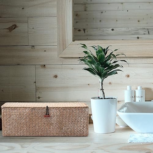 Miniatura 7 de Cesta de Almacenamiento de Seagrass Blanqueado con Tapa Tejida para Rollos de Papel Higiénico con Secciones Rectangular para Organizar Snacks