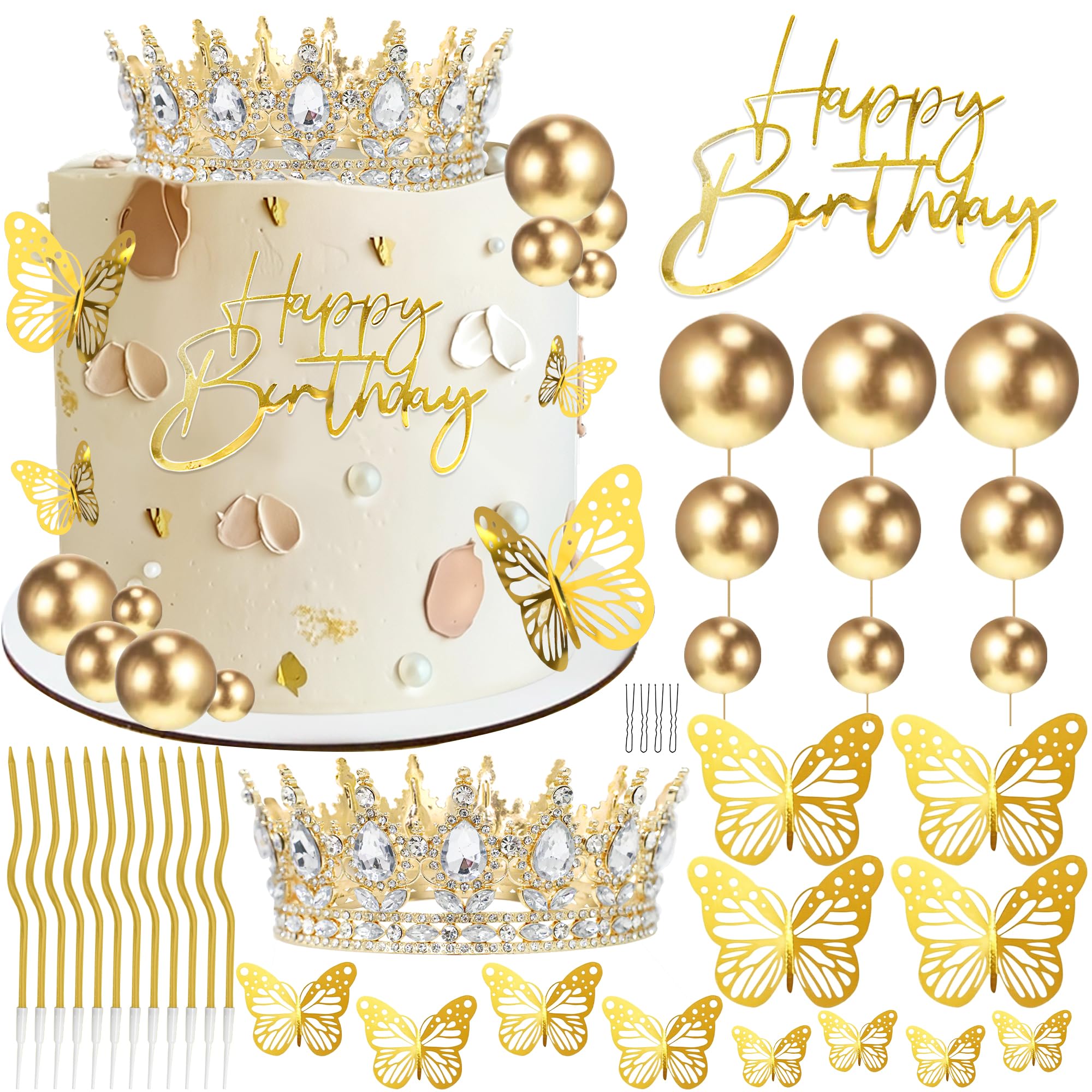 Decoración para tartas de corona, bolas de feliz cumpleaños con corona, velas de cumpleaños, mariposas doradas, corona para pastel, decoraciones de tartas para bodas, baby shower, decoraciones de