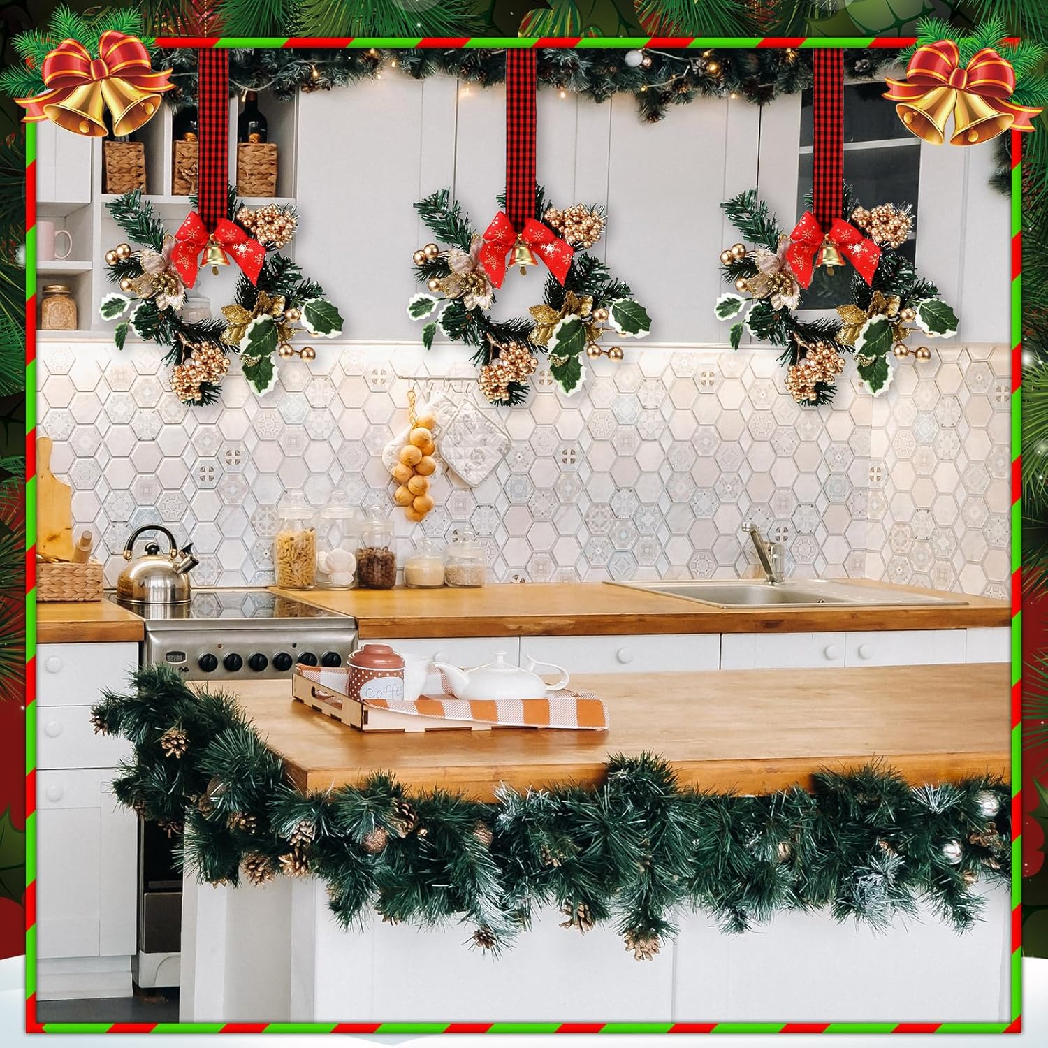 Zeyune 12 Pcs Small Christmas Wreaths for Kitchen Cabinets with Plaid Bow Ribbon Hanging Mini Christmas Cabinet Door Wreaths Decor for Kitchen Window Outdoor Indoor Holiday Decor, 14.96 x 7.87''