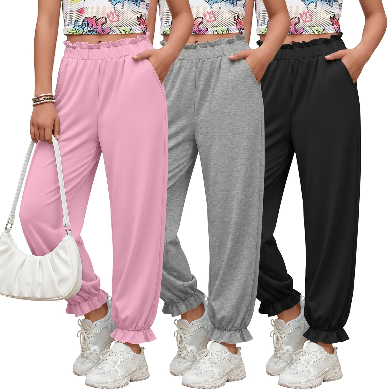 3 Pack Girls Jogger Pants 5-14 Years Ruffle Flowy Tapered Casual Pants High Waist Trousers with Pockets