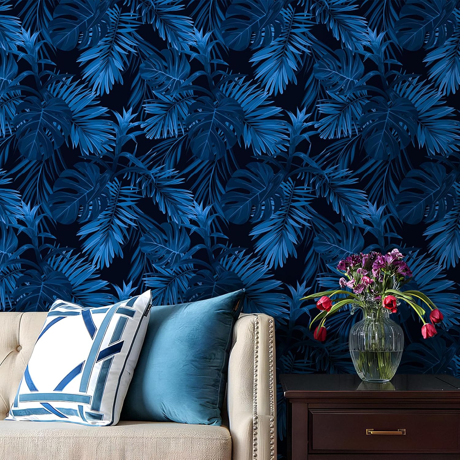 ReWallpaper Dark Blue Wallpaper Peel and Stick Black Palm Leaf Self Adhesive Wallpaper Tropical Jungle Leaves Wall Paper for Bedroom Bathroom 17.5in×10ft Waterproof Vinyl Removable Contact Paper Roll