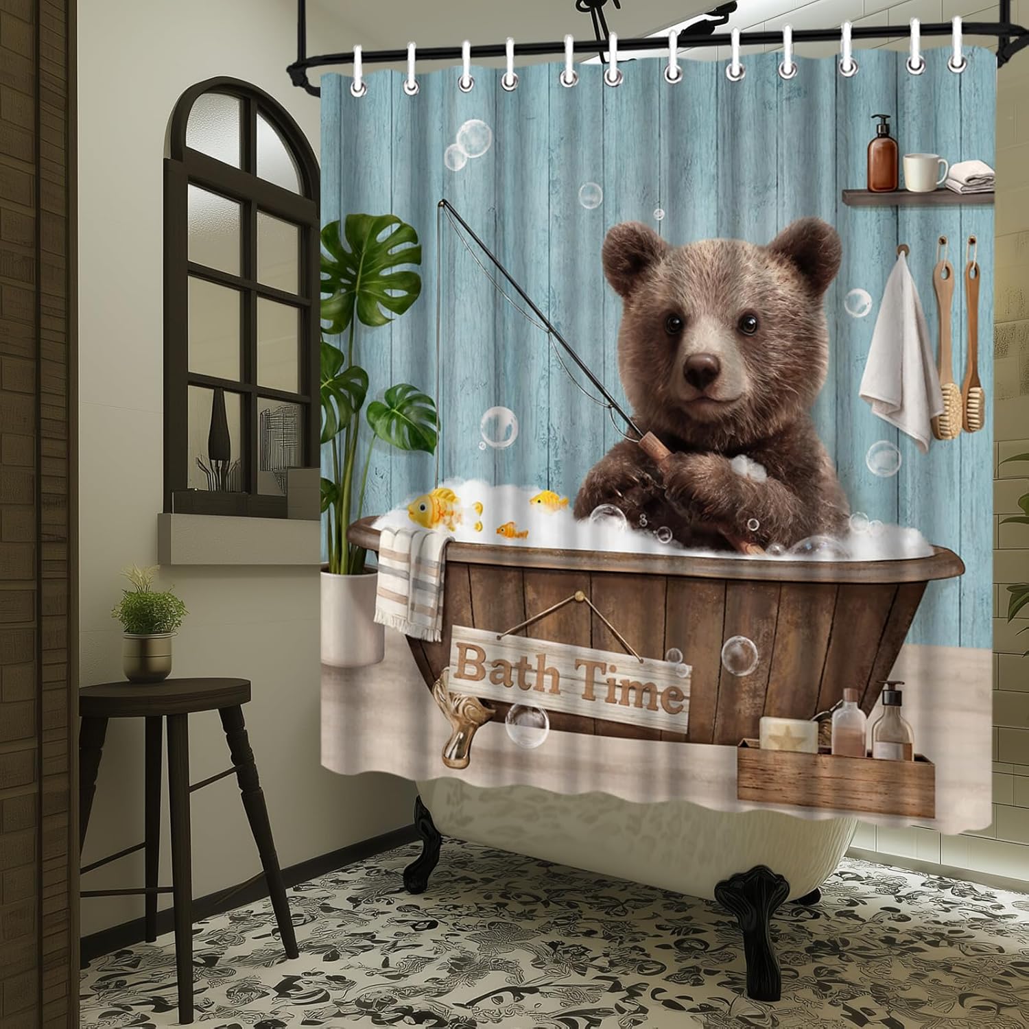 Funny Bear Shower Curtain Teal Wildlife Animal Bathing in Bathtub Painting Prints Cute Fabric Decor Bathroom Polyester Waterproof 12 Pack Hooks