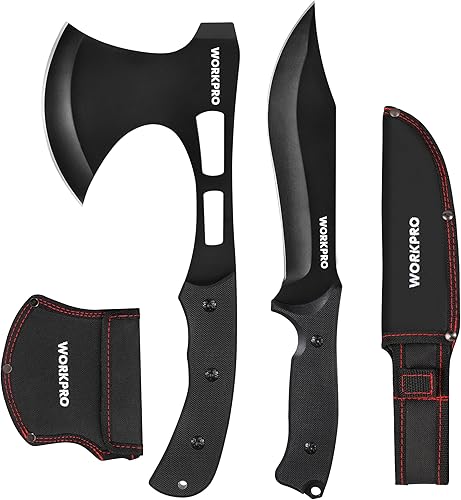 WORKPRO Juego combinado de cuchillo de caza y hacha de hacha – Cuchillo táctico de hoja fija de espiga completa y hacha de camping – Cuchillo de