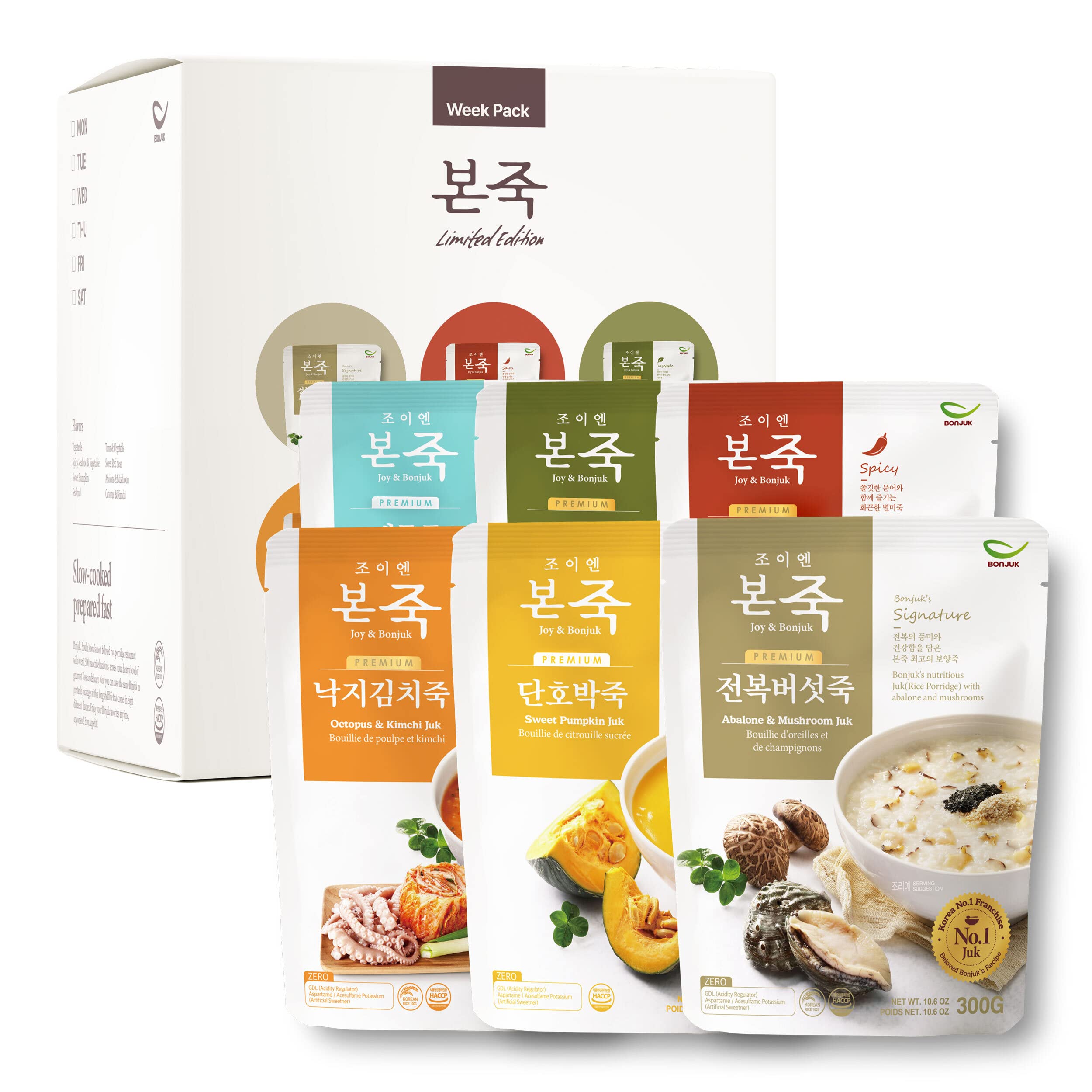 Sponsored Ad - [Week Pack] BONJUK Rice Porridge, 6-Day Meal Kit – Pack of 6 Flavors (10.6oz each) – Abalone & Mushroom, Spicy Jjamppong Seafood, Vegetable, Octopus & Kimchi, Sweet Pumpkin, Seafood
