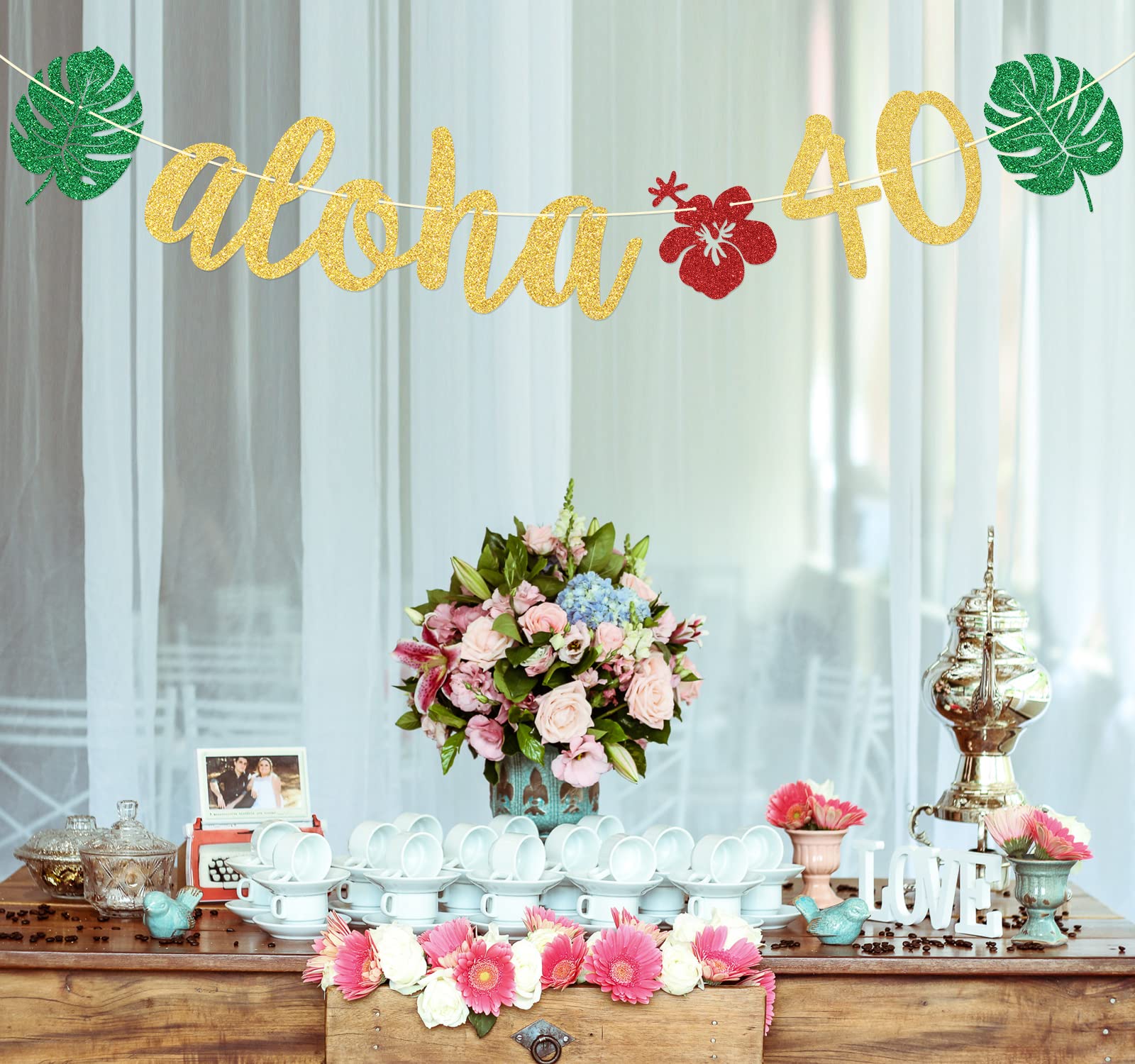 Aloha 40 pancartas, decoraciones de fiesta Aloha, pancarta hawaiana de 40 cumpleaños para decoraciones de fiesta de cumpleaños tropical Luau, decoraciones de hojas de palma, purpurina verde dorado