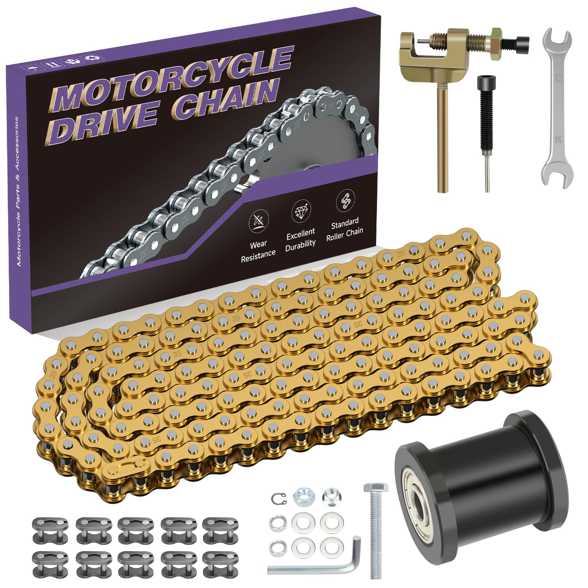 Photo 1 of ***MISSING PARTS -SELLING AS IS *** CILOYU 35 Gold Chain Mini Bike Chain Tensioner Compatible with Coleman CT100U CC100X Predator 97cc 100cc Baja DB30 Motovox MBX10 MBX11 Mega Moto MM-B80 105cc Mini Bike Parts 140 Links