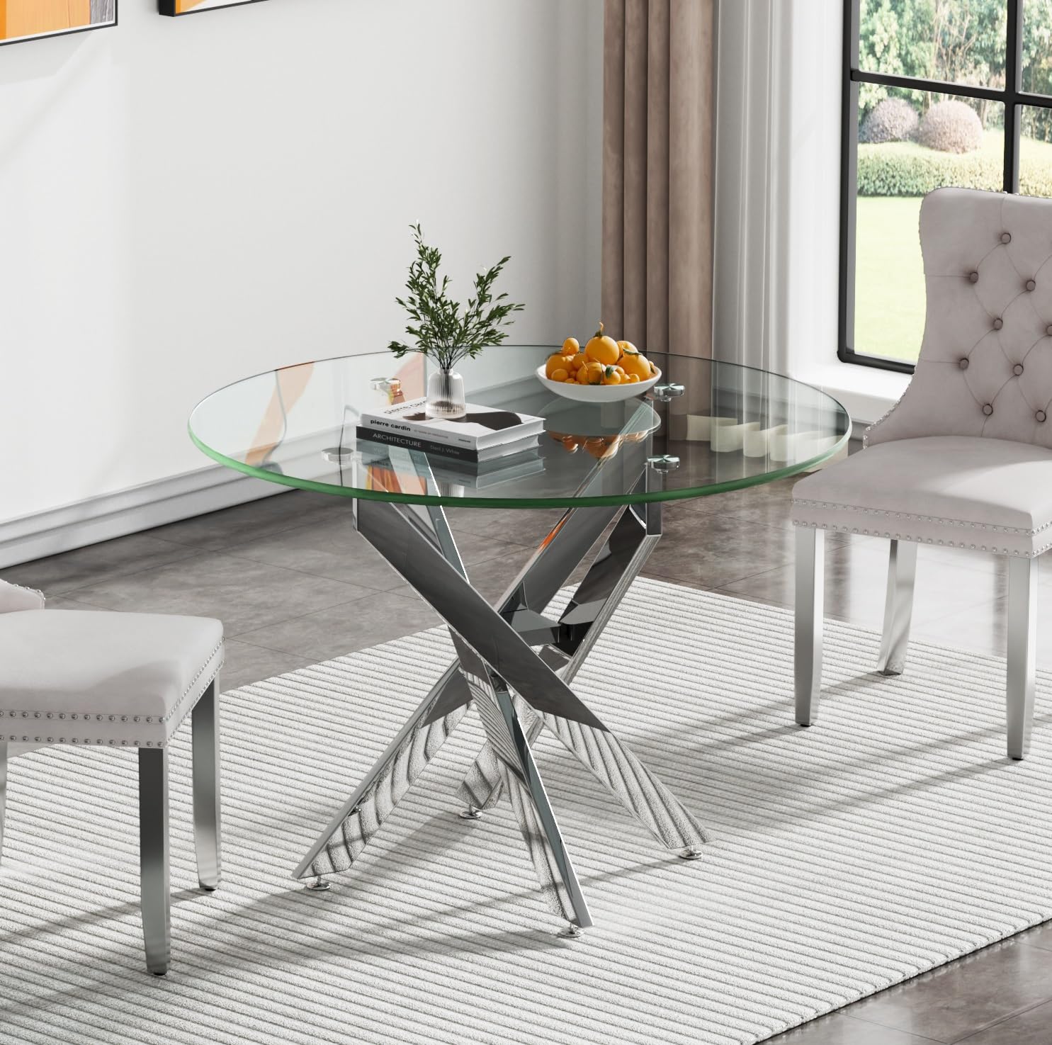 Gnrolaz 36'' Round Dining Table for 2-4, Round Dining Room Table for Small Space, Silver Glass Kitchen Table for 4, X-Shape Metal Legs