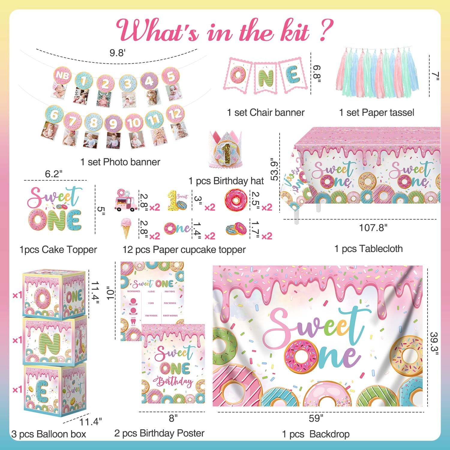 168pcs Sweet One Birthday Party Decorations, 1st Birthday Decorations Girl for Dount First Birth day Ice Cream Party Decorations, Balloons Arch, Backdrop, Photo Banner, Candy Balloons for all Needs