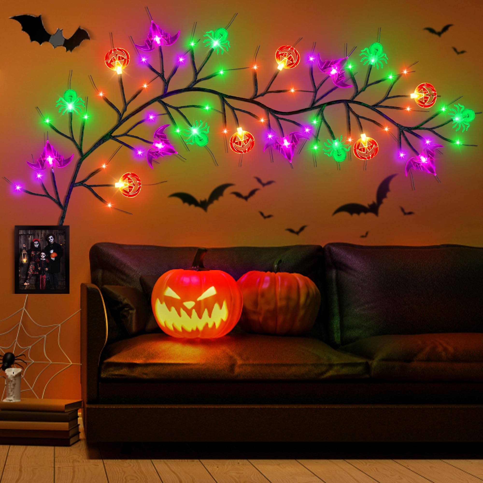 [Timer] Lights 6 FT 54 LED Halloween Decor Willow Vine With Pumpkin Bat Spider Light, 8 Modes Battery Operated Garland Spooky Decorations Indoor Outdoor Home Wall Table