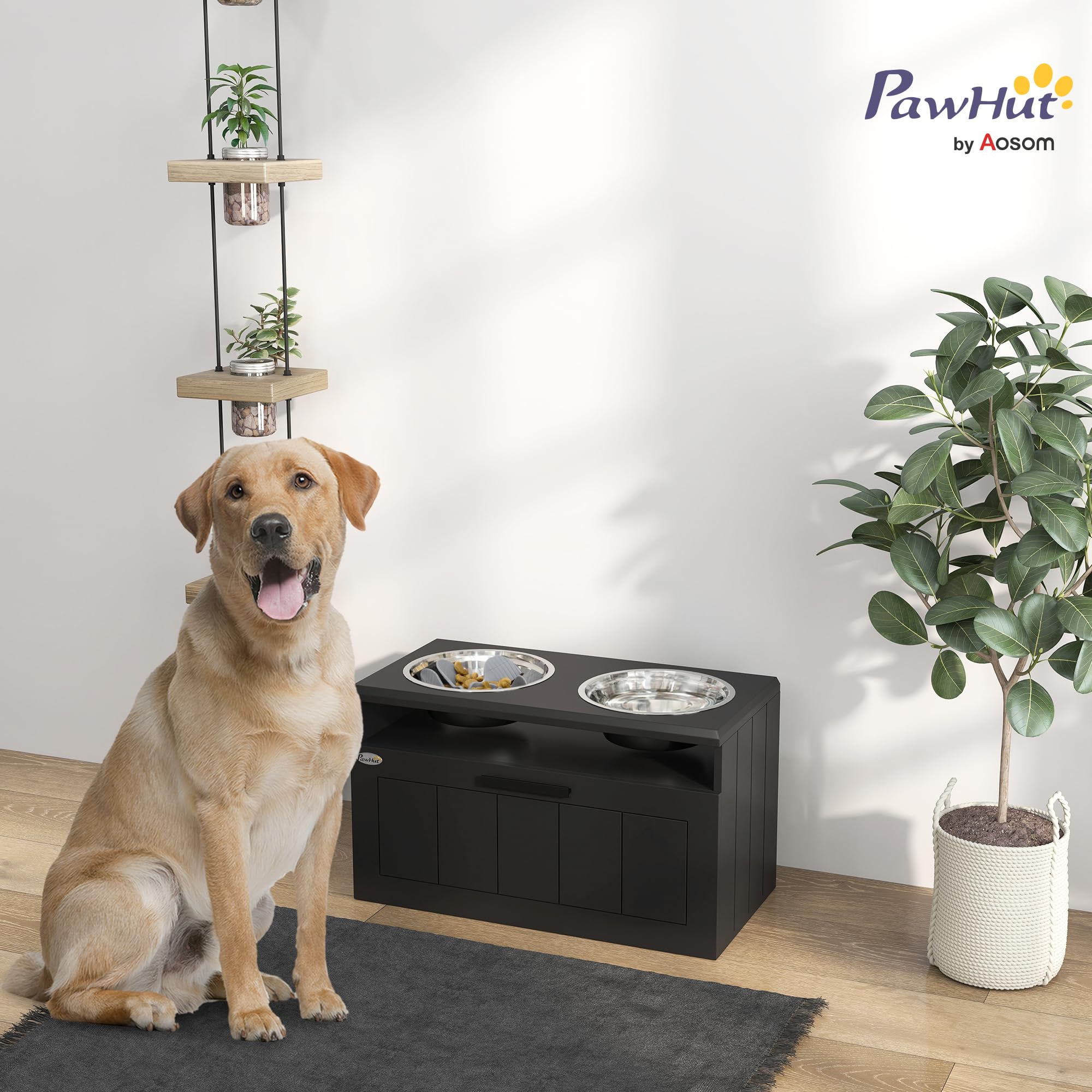 PawHut Cuenco elevado para perros con comedero lento, cajón para perros extragrandes, color negro | Dos cuencos de acero inoxidable