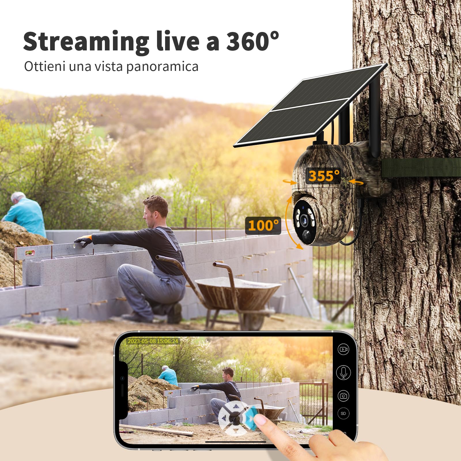Fotocamera da Caccia 4G con SIM, 2K Telecamera Esterna con Pannello Solare e APP, 360° PTZ Fototrappola Infrarossi Invisibili, Visione Notturna a Colori, Audio a 2 Vie, Rilevamento Animali, IP66