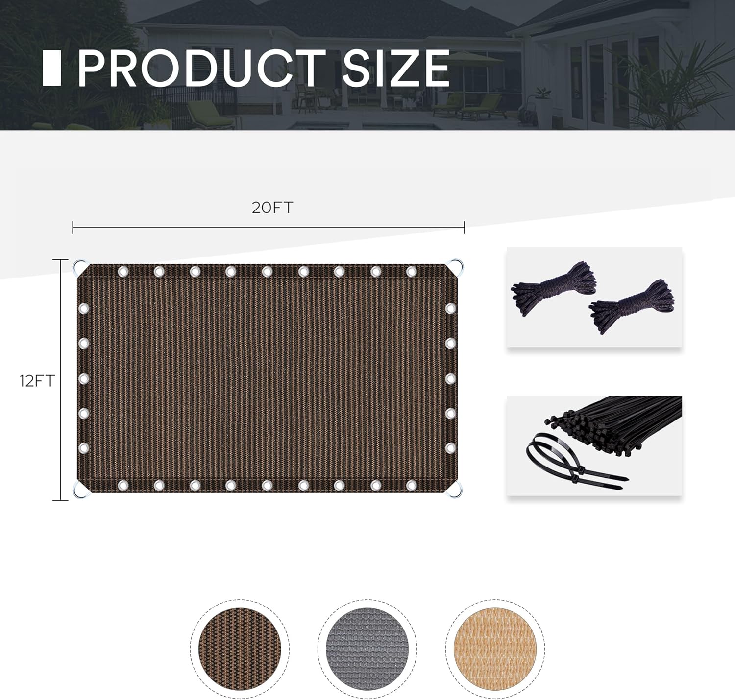 DIFY 12X20 FT Shade Fabric Sun Shade Cloth, Outdoor Shade Cover Privacy Screen with Grommets & D-Ring for Patio Garden Pergola, Mocha