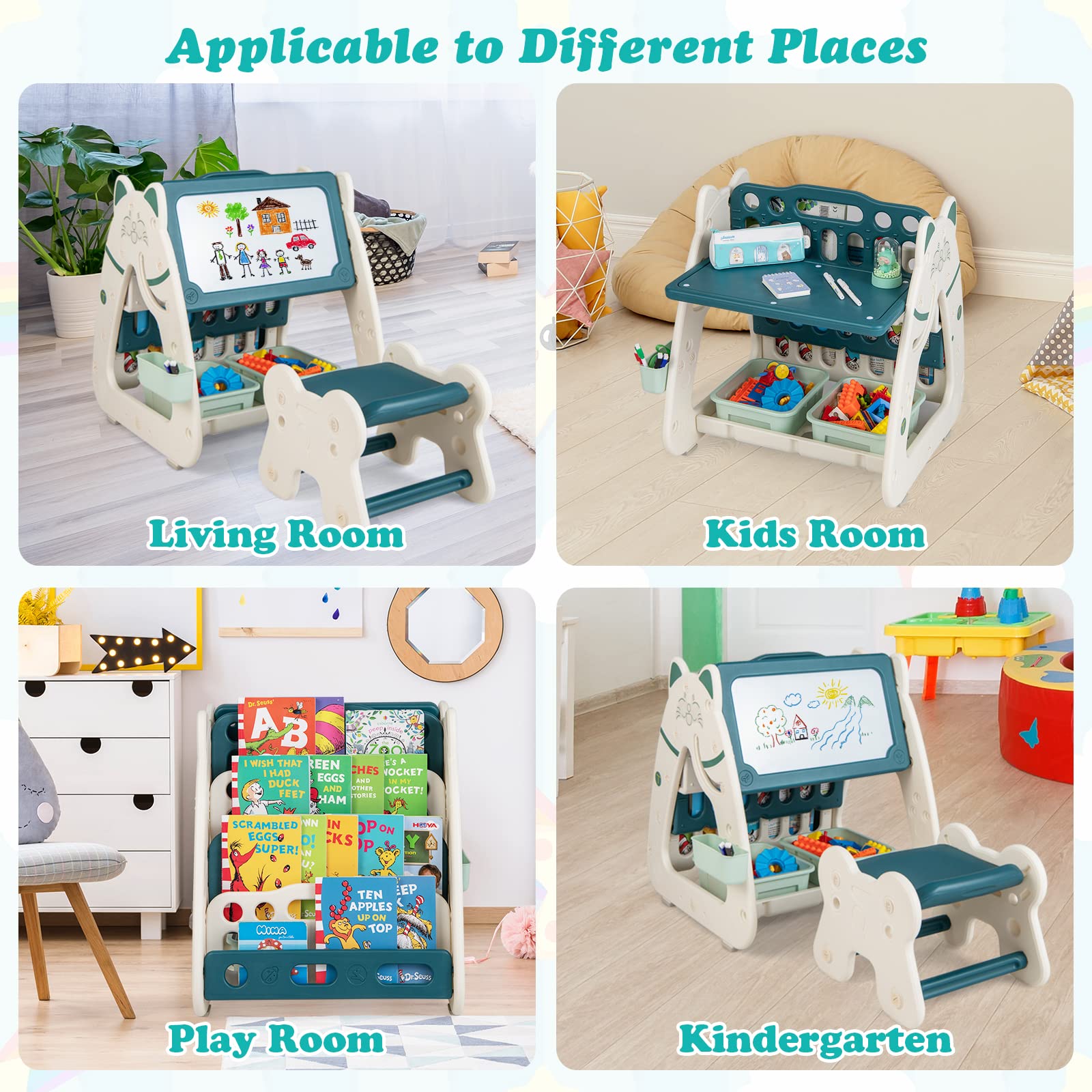 RELAX4LIFE Cavalletto Magnetico per Bambini 3 in 1 con Sgabello Regolabile in Altezza, Libreria per Bambini e Tavolo con Lavagna Cancellabile a Secco, 2 Scatole Portaoggetti, a Forma di Gatto