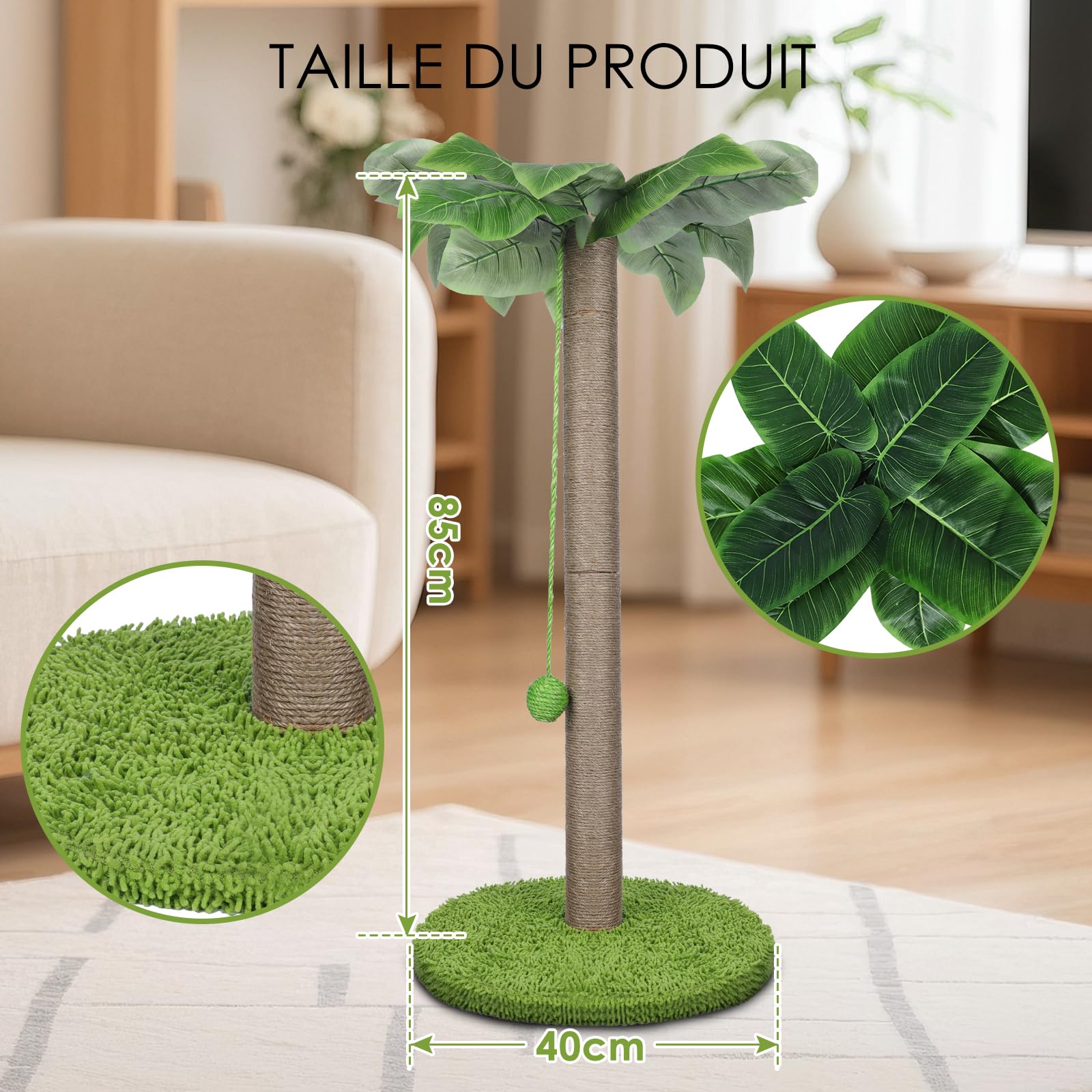 Zvonema Griffoir pour Chat, Arbre à Chat 85 CM, Griffoir Chats avec Corde de Sisal Natual d'Intérieur Palmier avec Balles en 1 Bâton à Plumes, Suspendues Interactives pour Petits & Grands Chats