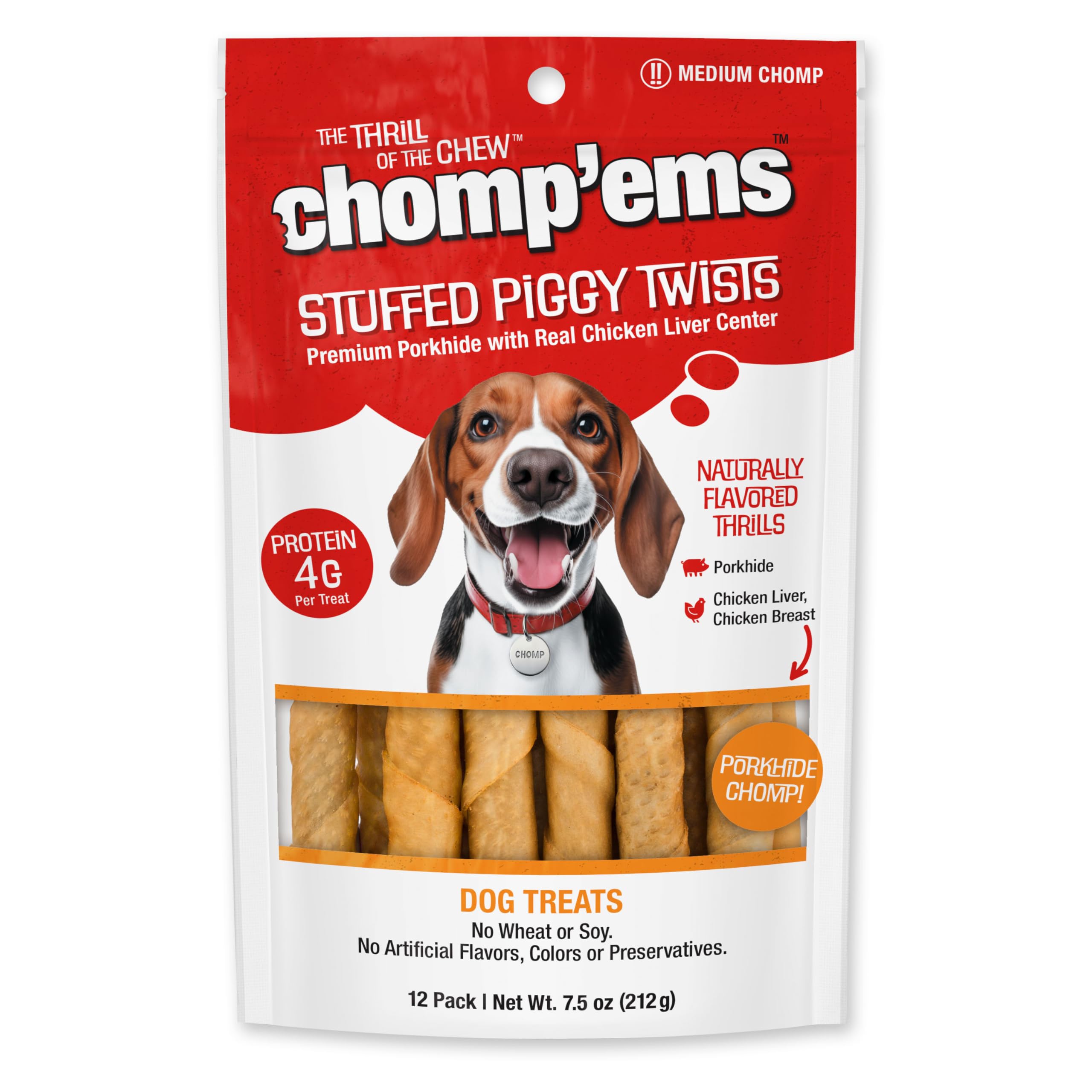 Chomp'ems All Natural Smoked Pork Stuffies Dog Treats with Real Liver, 12 Pack - Healthy, Protein Rich Treats for Dogs - Long Lasting Dog Chews