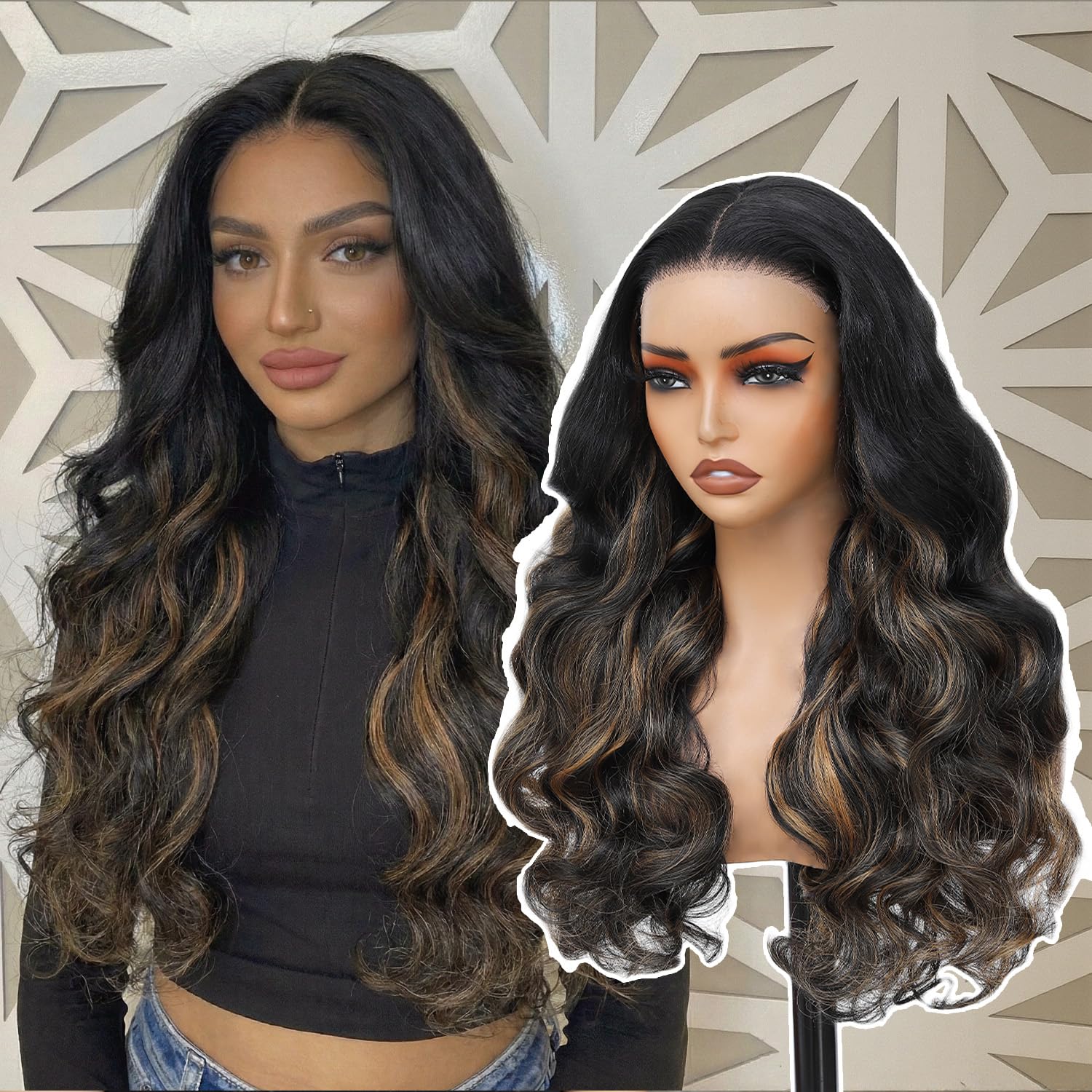 5x5 HD Glueless Synthetic Lace Front Wig Body Wave 28 Inch Ready to Wear Honey Blonde Highlights Black Roots Pre Cut Lace Closure Wig for Women Beginner Friendly Easy Install 1BP27# 28 Inch