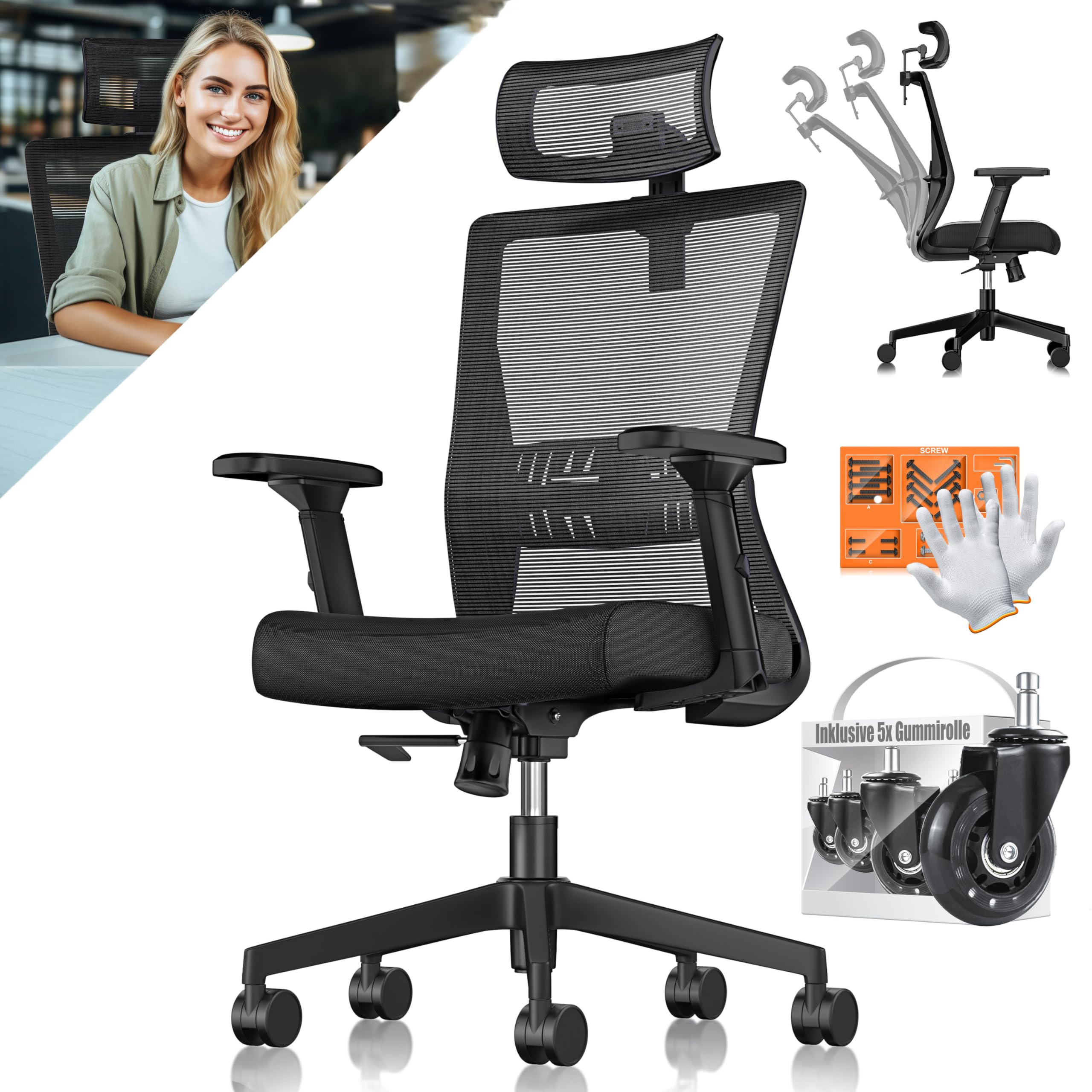 KESSER® Silla de oficina con reposabrazos ajustables, silla giratoria con soporte lumbar que protege la espalda | silla de escritorio ergonómica con reposacabezas | silla ejecutiva silla de oficina