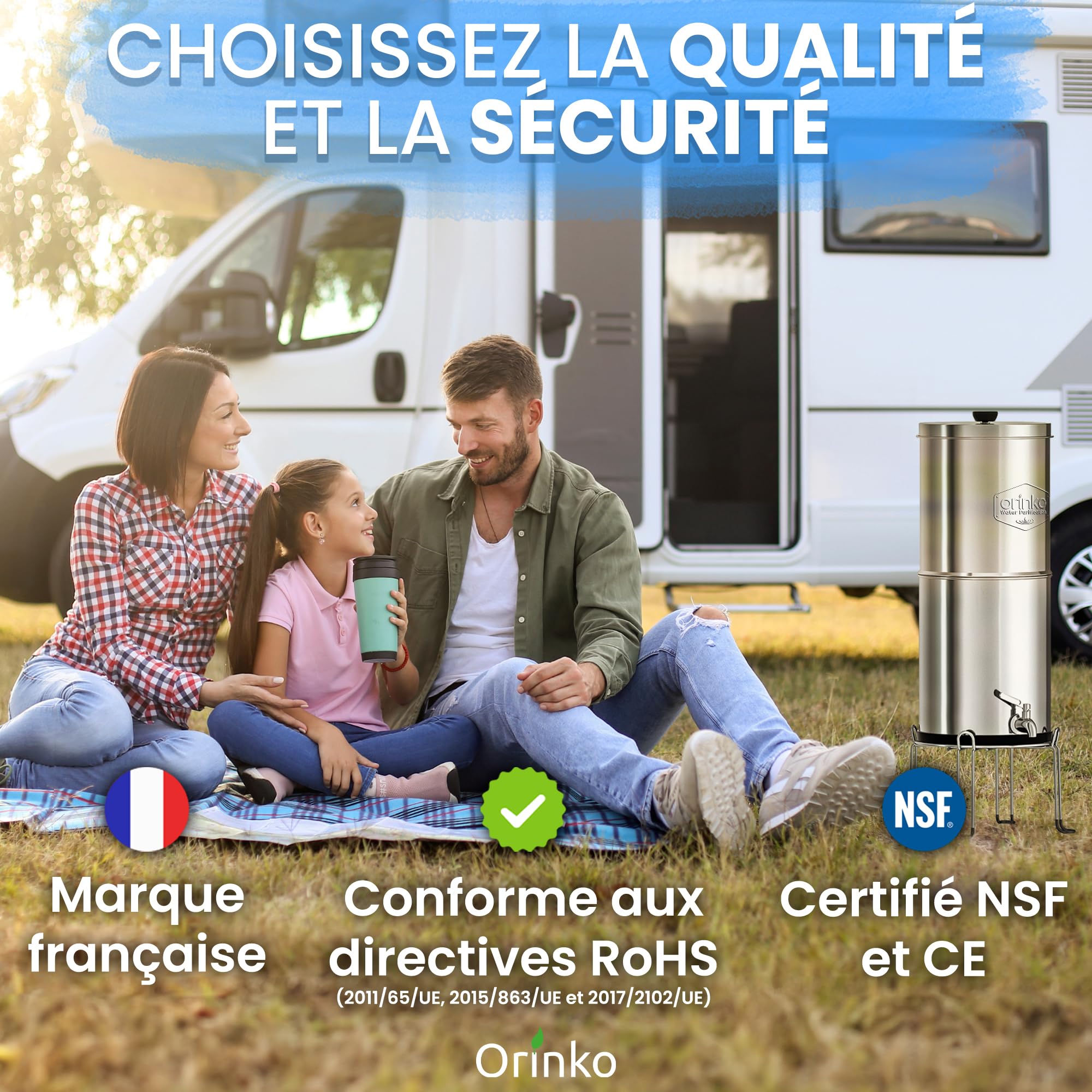 ORINKO Filtre à Eau par Gravité 8,5 L 4 Cartouches Charbon Actif Purificateur d'Eau Fontaine Filtrante