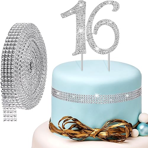 Leyndo 16 decoraciones para tartas y 4 filas de cinta acrílica de diamantes de imitación de 10 yardas, decoración de pastel de 16 cumpleaños para