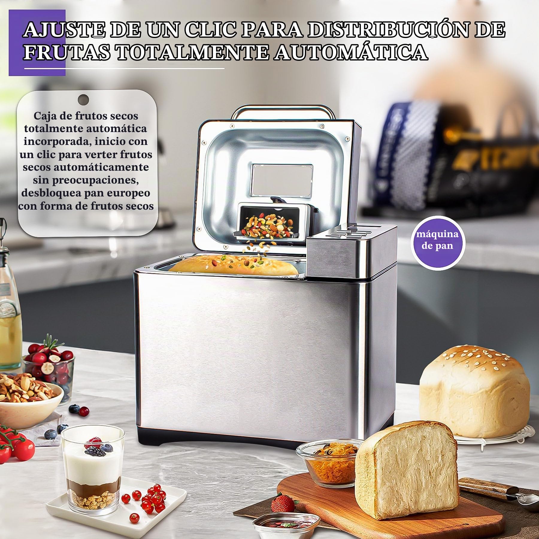 Máquina de Pan de Acero Inoxidable, panificadora 17 en 1 de 2 Libras con dispensador de Frutos Secos, sartén de cerámica Antiadherente y Panel táctil Digital, 3 tamaños de Pan