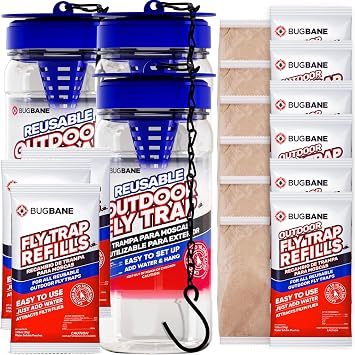 3 Reusable Outdoor Fly Trap with Chains with 12 Non-Toxic Dissolvable Bait Refills