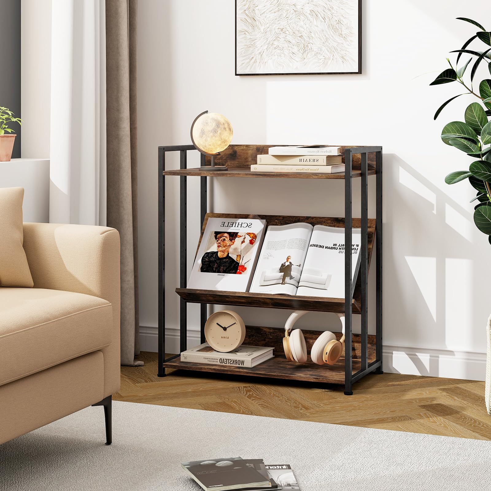 HOMASIS Libreria Scaffale Multiusa a 3/5 Ripiani Regolabili, Libreria Industriale da Terra con Dispositivo Anti-Ribaltamento, Scaffale Angolare da Soggiorno, Studio, Cucina (Marrone, 70 x 35 x 81 cm)