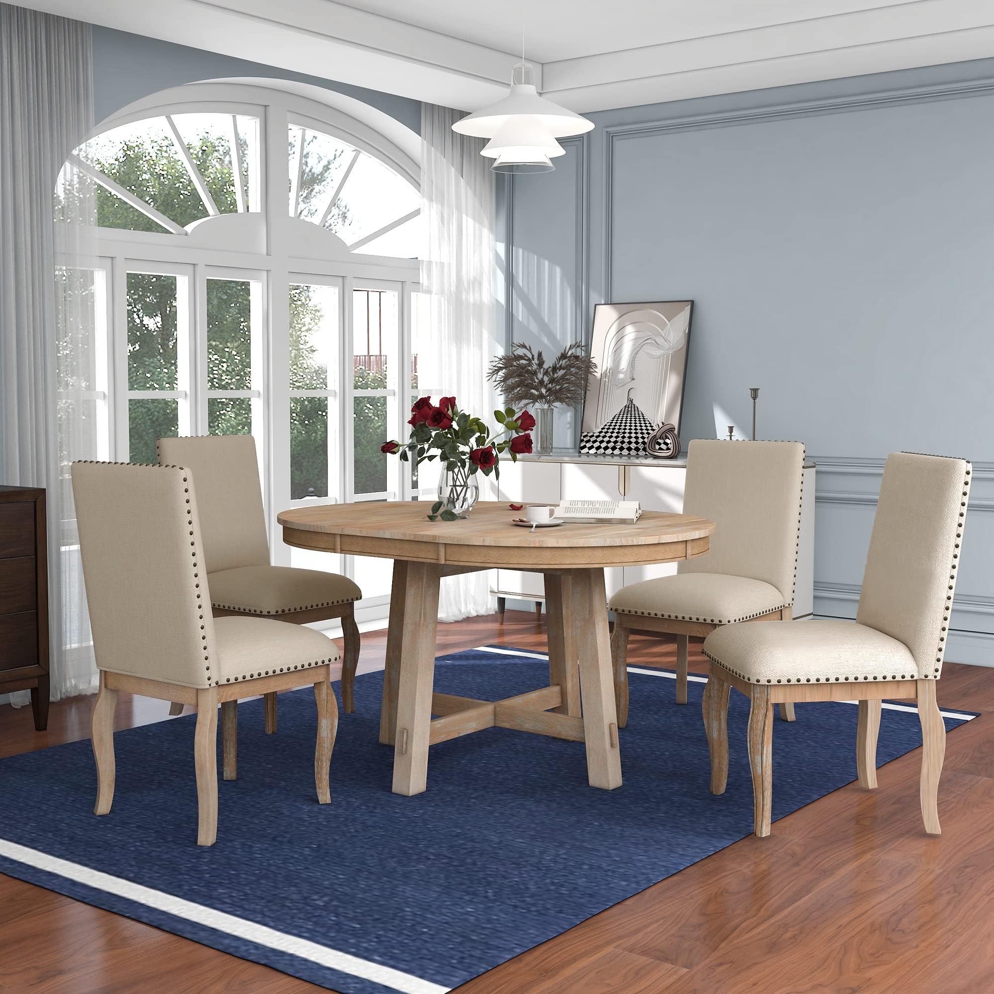 Merax Farmhouse Round Extendable Dining Table and Chairs Set for 4 Persons Solid Wood Round Kitchen Table Set for Small Space, Natural Wood Wash
