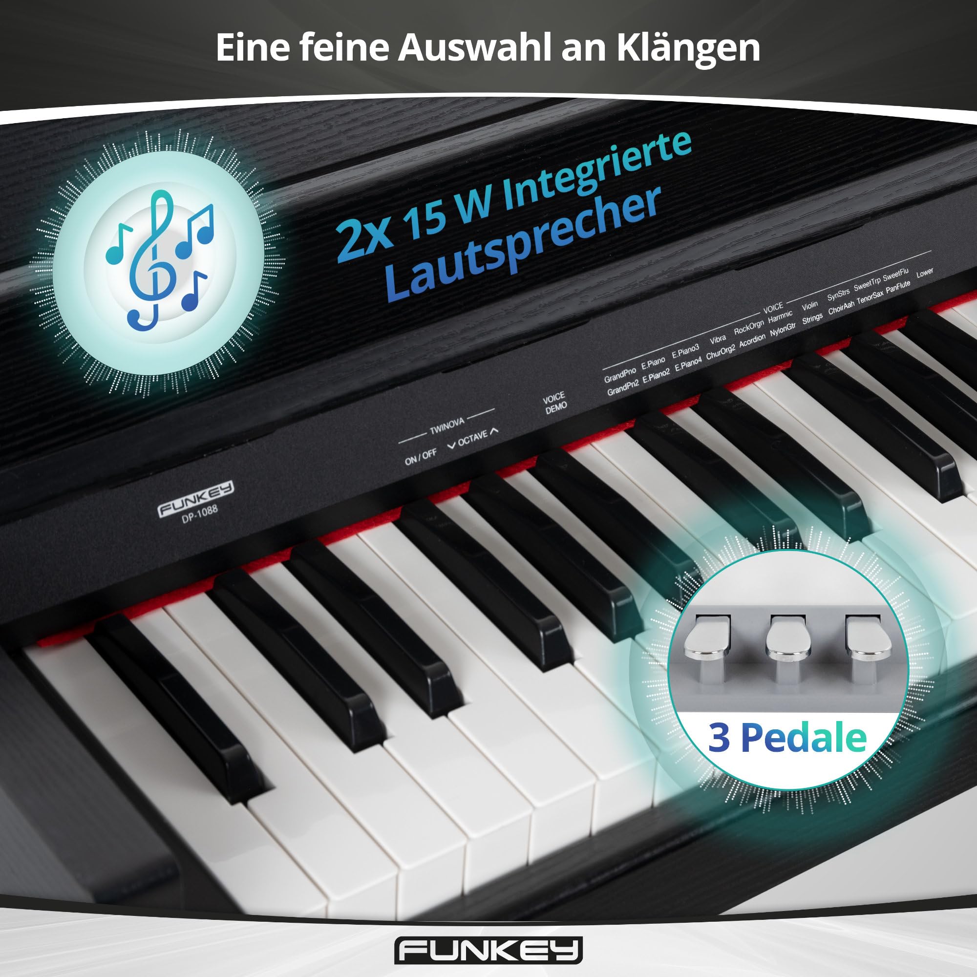 FunKey DP-1088 SM Pianoforte digitale sottile Set - 88 tasti sensibili alla velocità e 3 pedali - 20 suoni - Altoparlanti stereo integrati e comprensivo di banco e cuffie - Finitura nera opaca