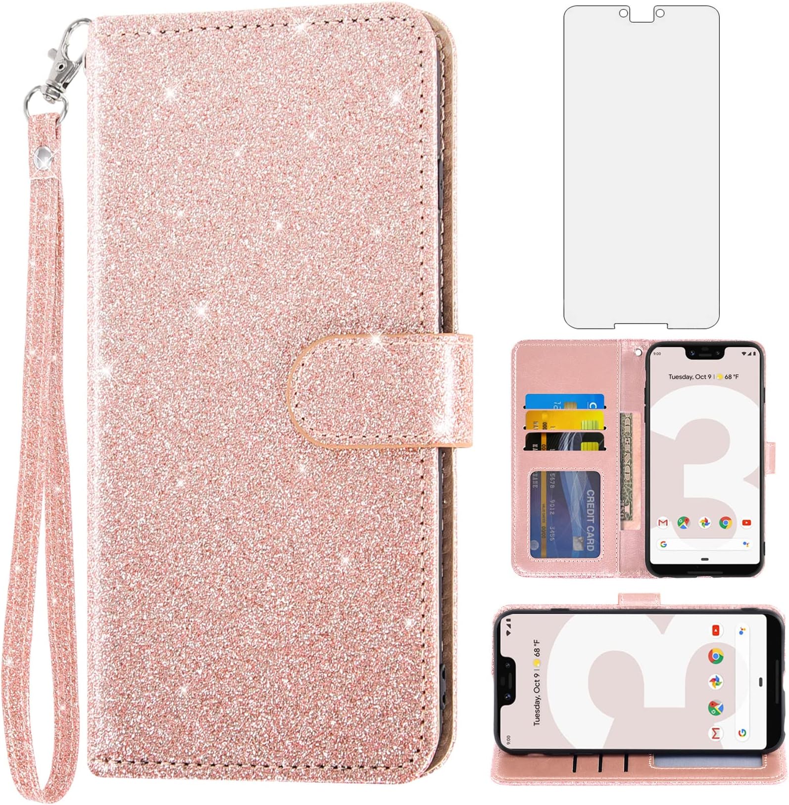 Phone Case for Google Pixel 3 XL with Tempered Glass Screen Protector and Glitter Wallet Cover Card Holder Slot Stand Flip Folio Cell Accessories Pixel3XL Pixel3 LX Pixle 3XL Women Men Pink