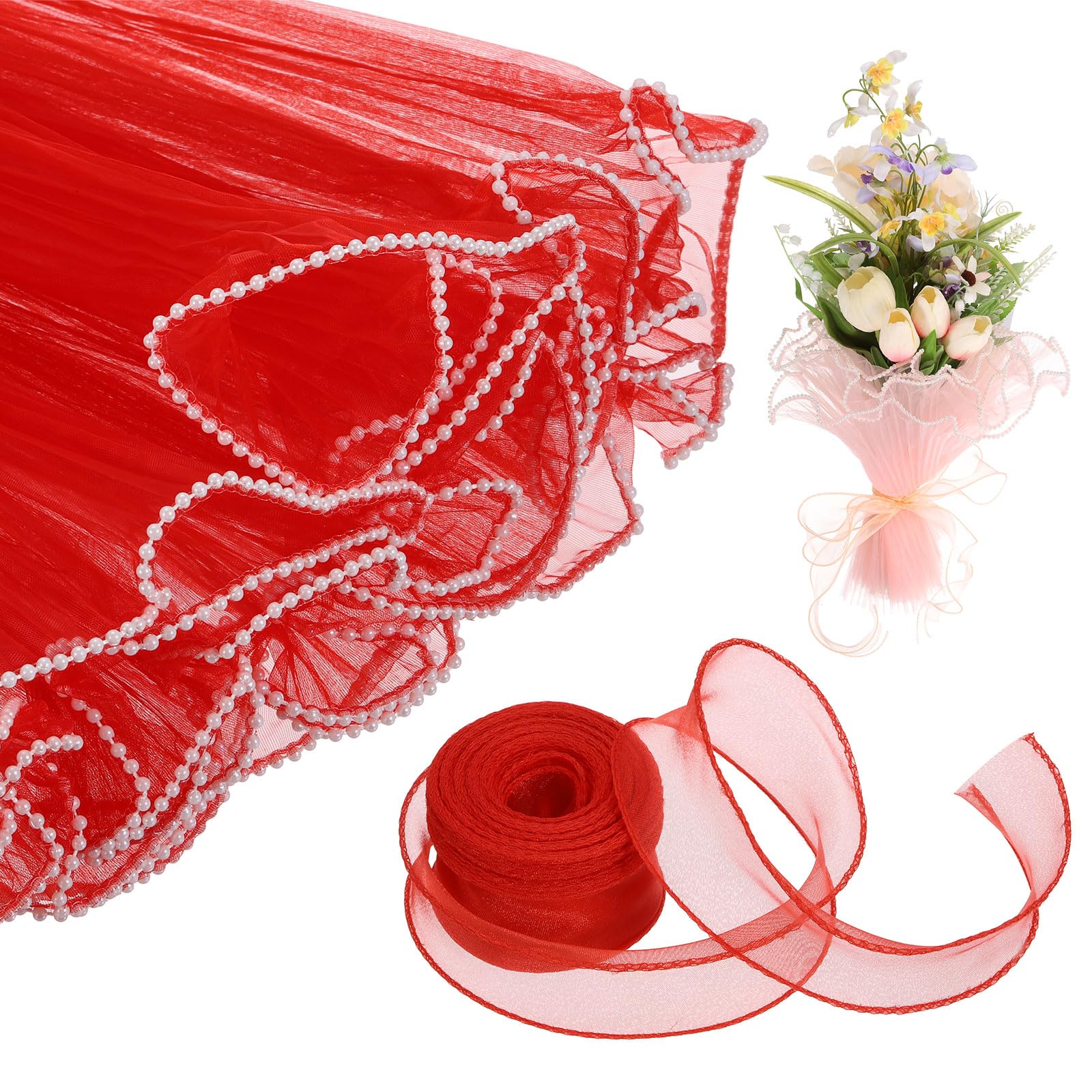 sourcing map 4 Yards Flower Wrapping Mesh Paper Pearl Edge Bouquet Floral Packaging Paper with Organza Ribbon for Valentine's Day Wedding Birthday Florist Supplies, Bright Red