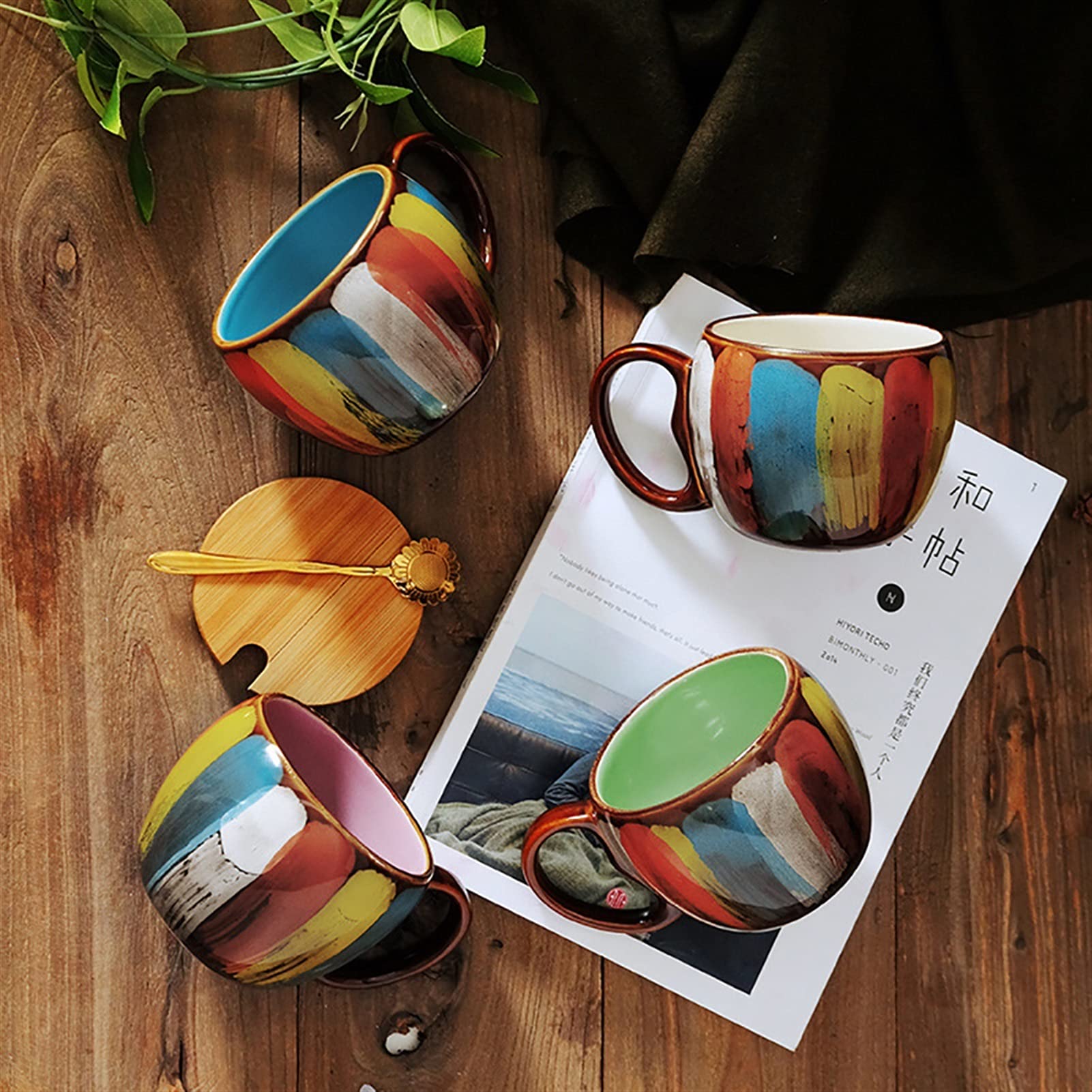 Kaffeetasse Gemalte Kaffeetasse 12 Oz Keramik Kreatives Frühstück Tee Wasser Tasse Handgemachte Milchschale mit Löffel als Geschenk Teetasse (Size : 350ml, Color : Rood)