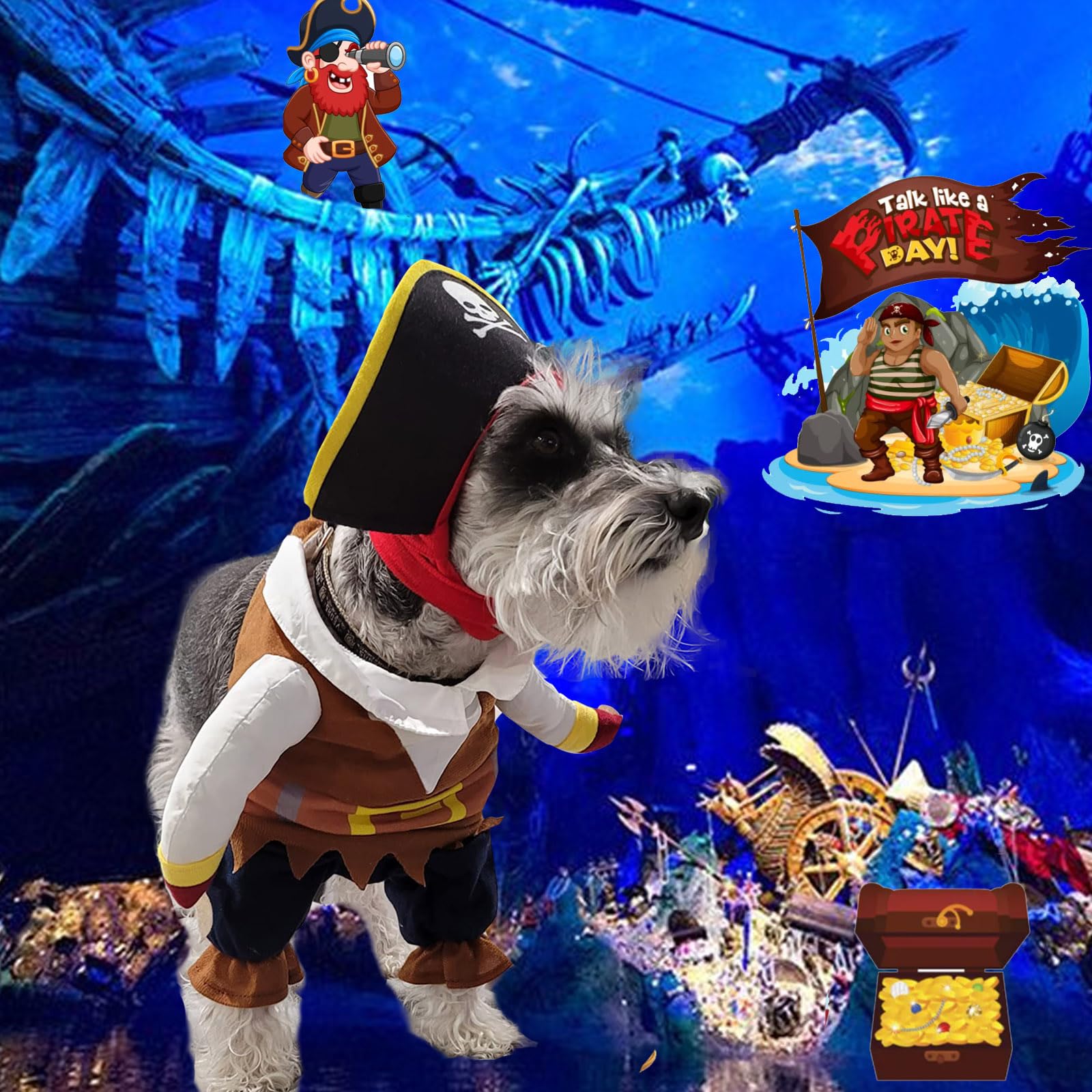 Dog Pirate Costume Pirates of The Caribbean Style Cat Costumes 2PCS Funny Halloween Dog Outfit with Hat Small Medium Pet Cosplay Clothes Cute Captain Apparel Party Dress (Pirate Captain Doll, Small)