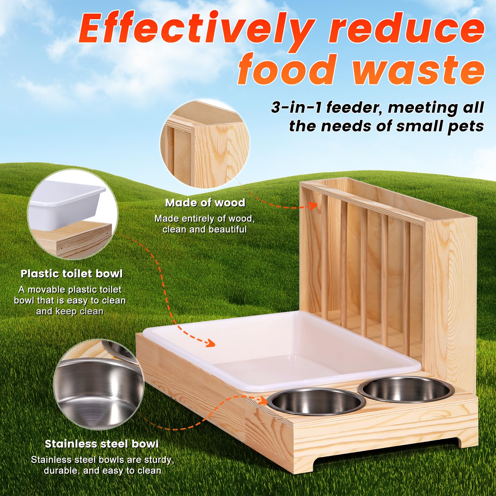 Râtelier à foin 3 en 1 pour lapin, râtelier à foin en bois avec deux bols, distributeur de nourriture pour lapins et cochons d'Inde, chinchillas et autres petits animaux