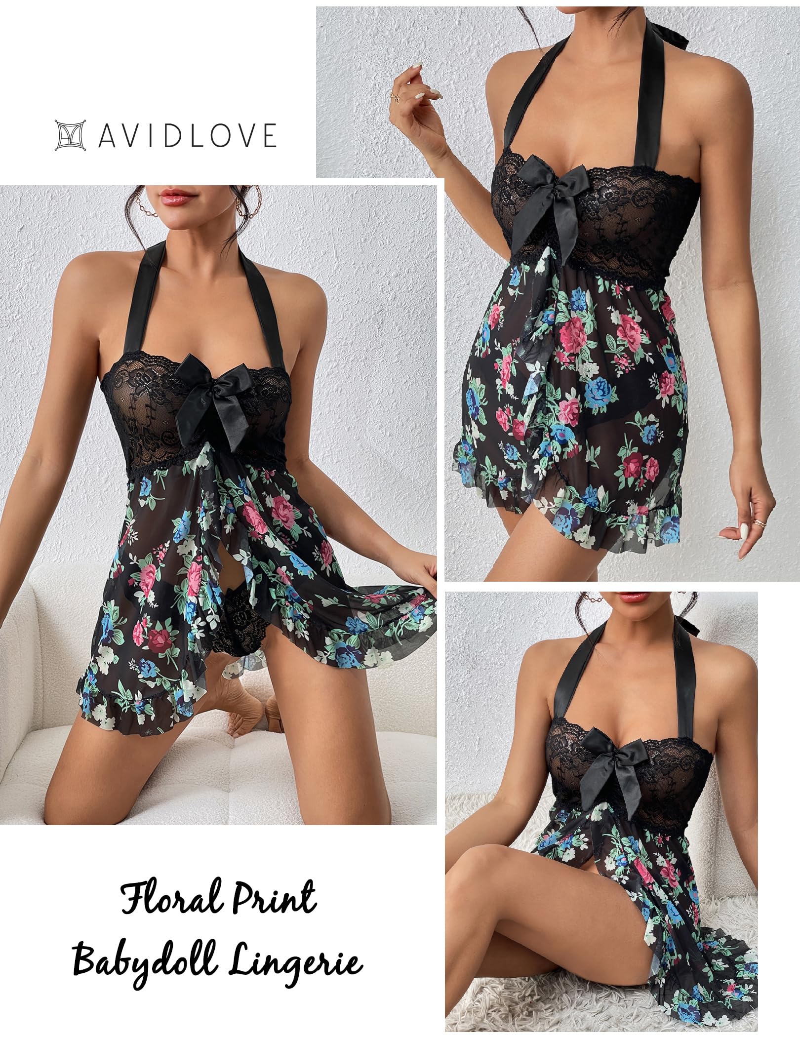 Avidlove Women Lingerie Sexy Open Front Lace Babydoll Dress with Thong Halter Mesh Nightgown XS-5XL