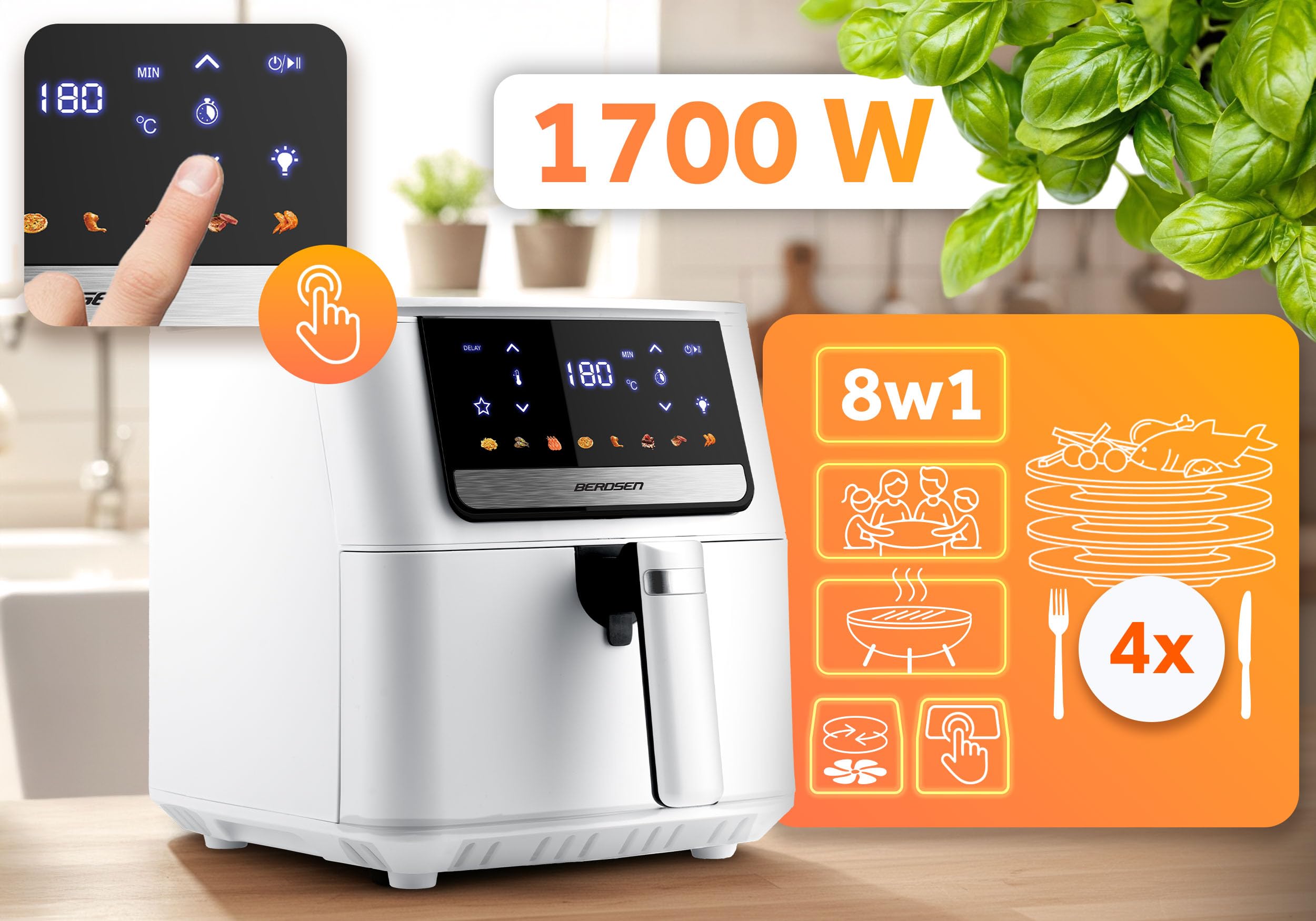 Berdsen Airfryer Freidora de Aire Caliente - 1700 W 6,5 L - Freidora - 8 Programas Pantalla Táctil - Blanco