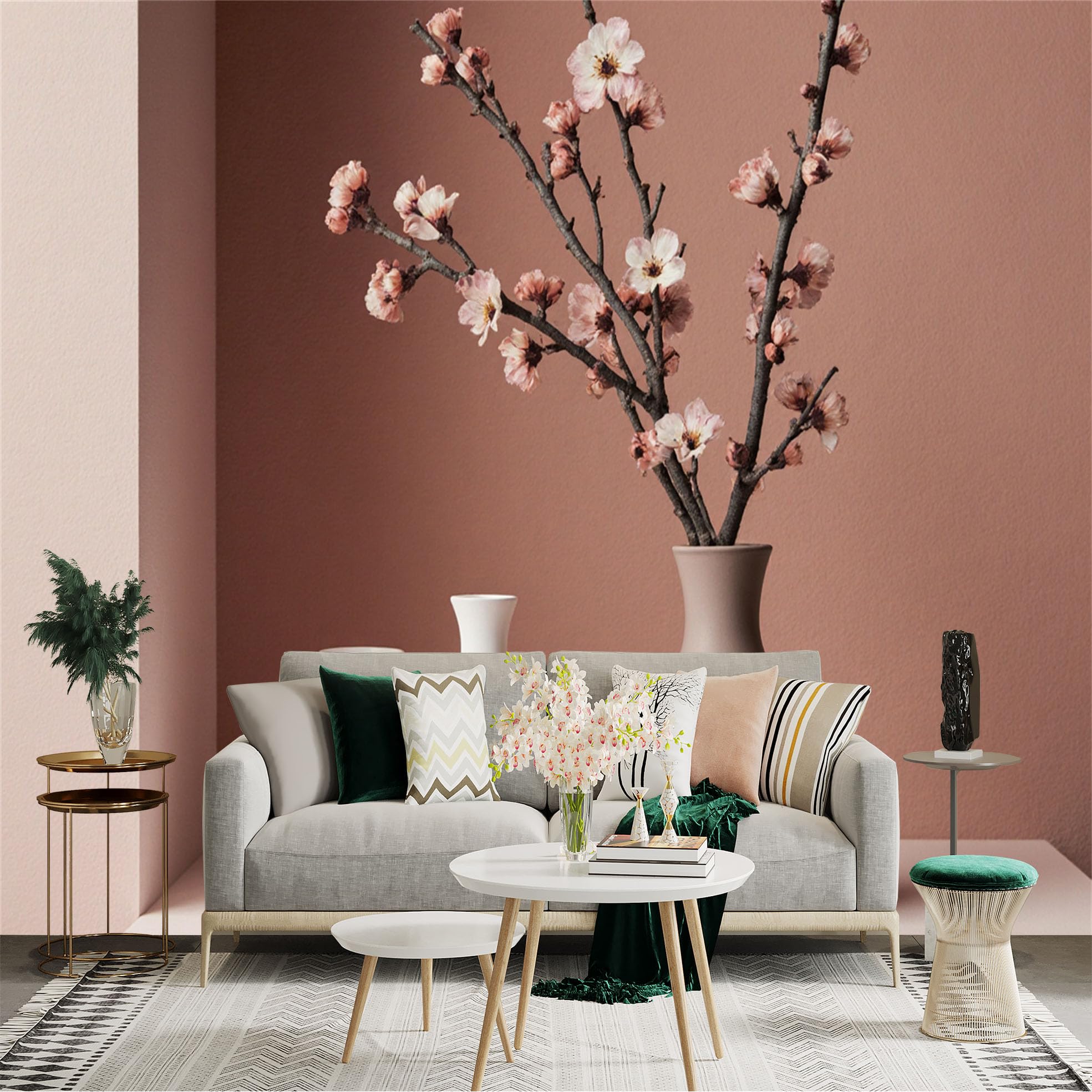 Custom Size Wall Sticker Mural， Cherry Blossom Branches in Minimalist Vases， Soft Pink Background Aesthetic， Modern Still Life Decor， for wall Decoration， peelandstick wall Decals.