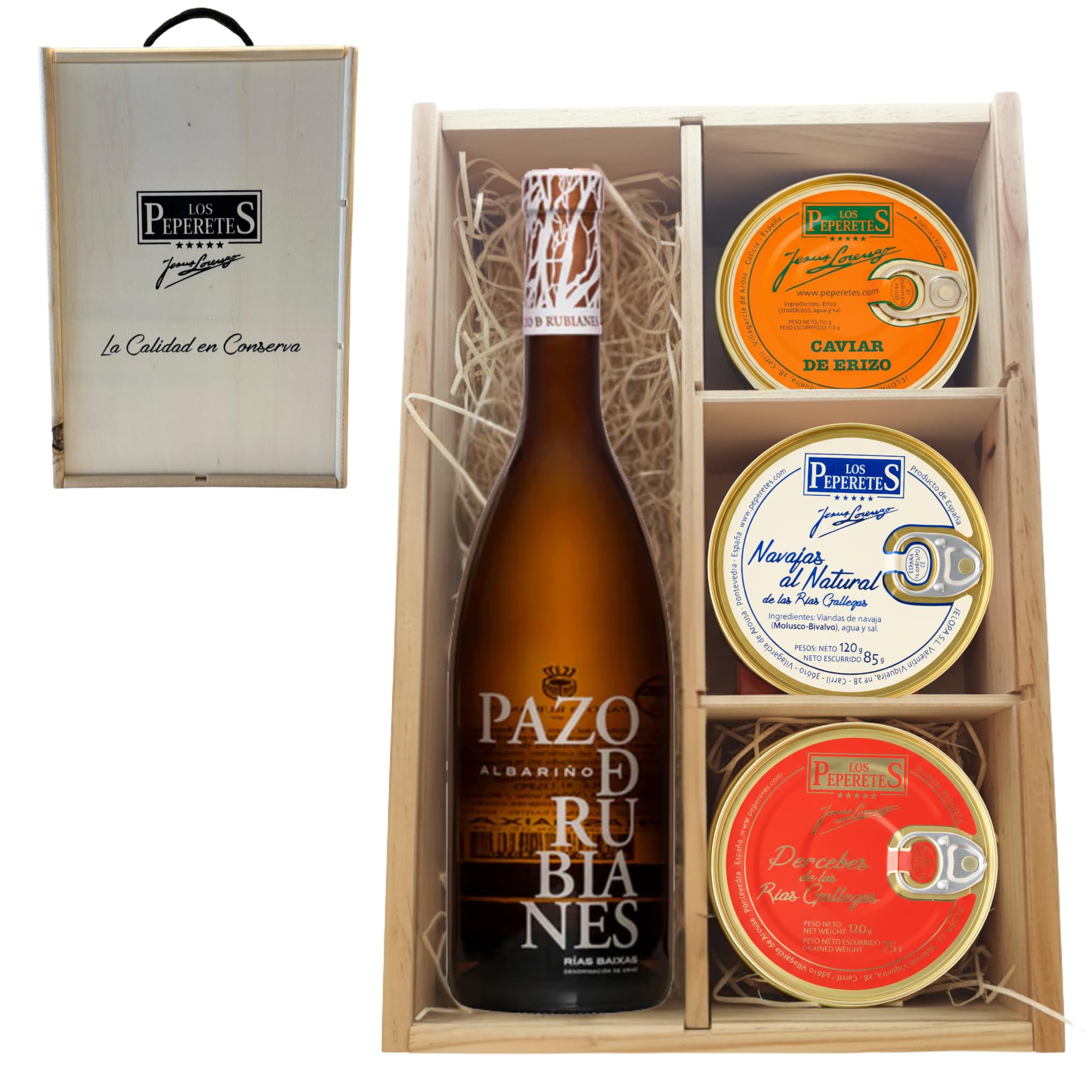 LOS PEPERETES Pack Deluxe Marisco Gallego con Albariño Pazo Rubianes | Caviar de Erizo ×2 · Navajas ×2 · Percebes ×2 | Lote Exclusivo Gourmet