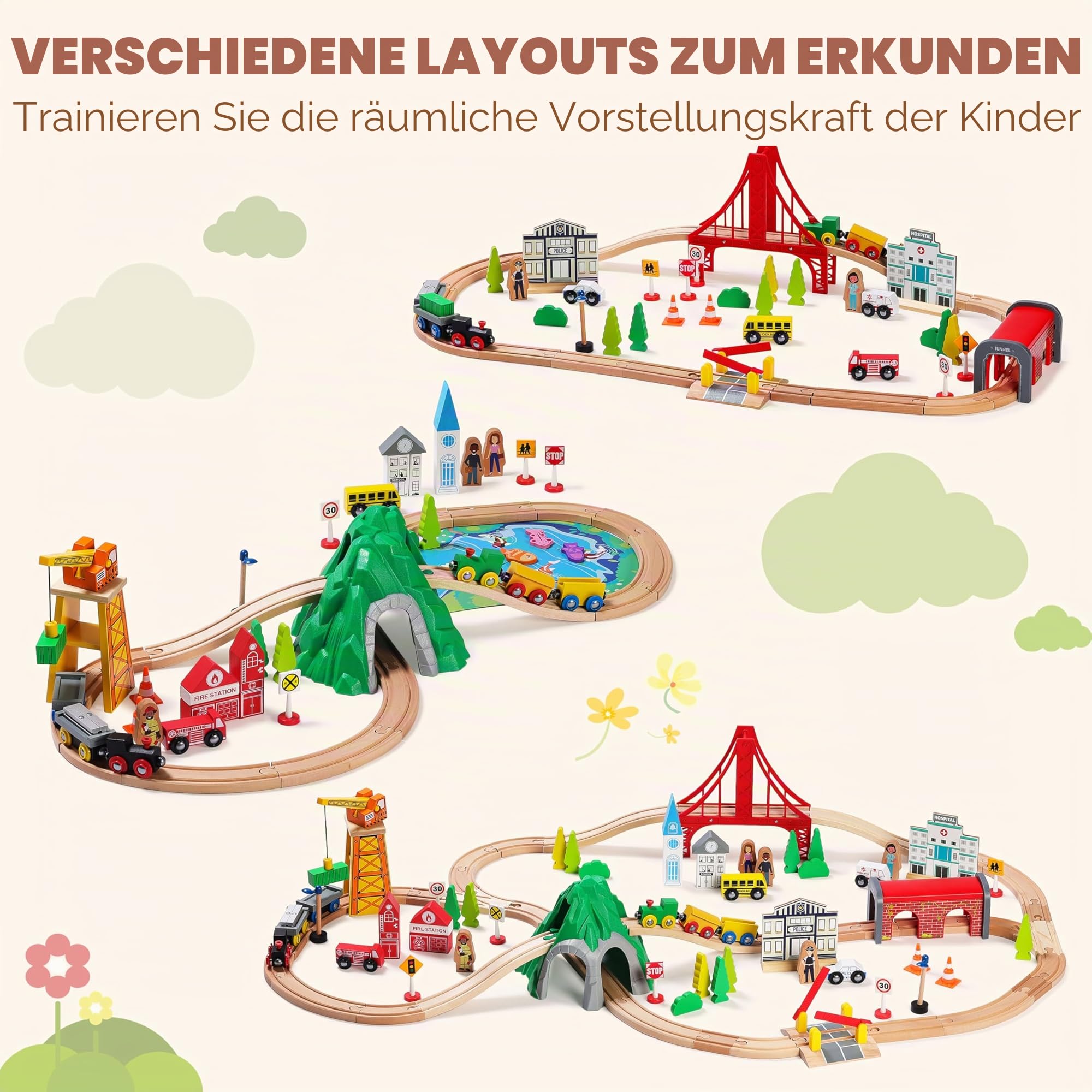 SainSmart Jr. Holzeisenbahn Set 112 Teile, Großes City Zugset mit Brücke, Tunnel, Kompatibel mit Brio, Thomas & Melissa & Doug, Geschenk für Kinder ab 3 Jahren