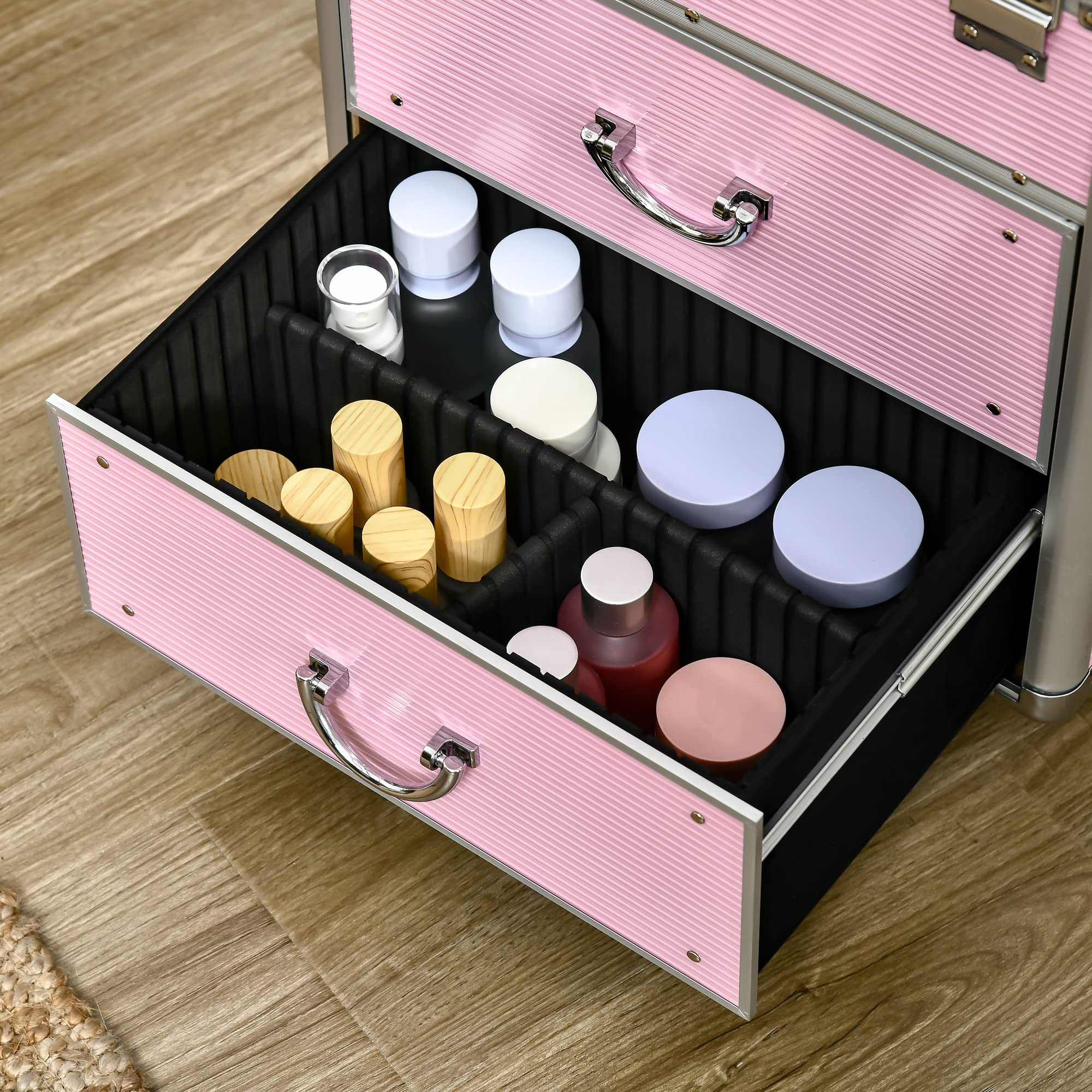 HOMCOM Walizka na wózek do makijażu kosmetyczka Vanity regulowany uchwyt teleskopowy alu. ABS, Różowy, 36x23x58cm, Walizka na kółkach do makijażu