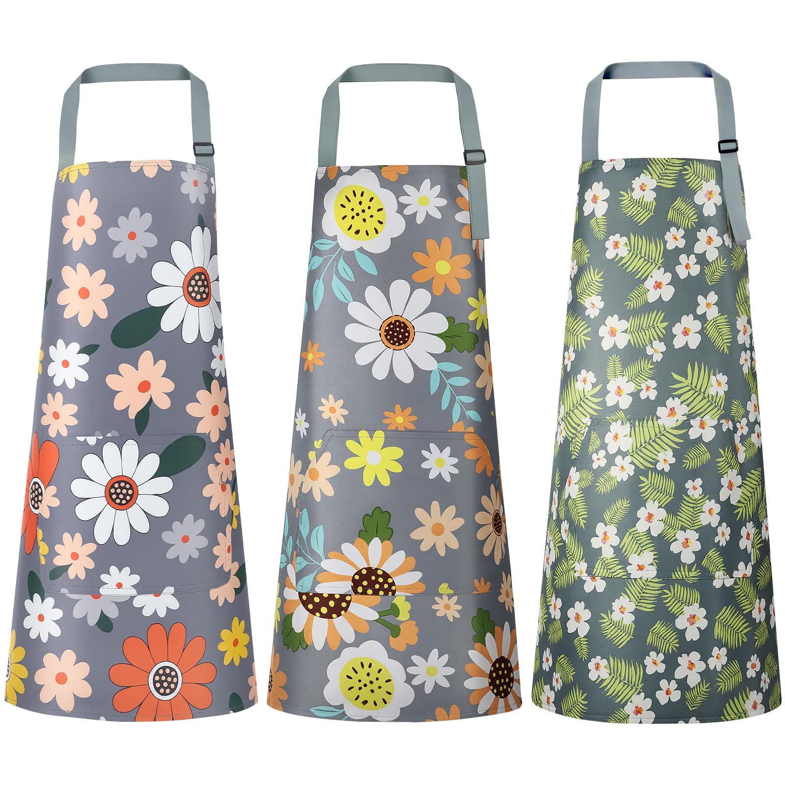 Vicloon Delantales Florales, 3 Piezas Delantal Delantal Impermeable, Ajustable con Delantal de Cocina de Bolsillo para Cocinar, Jardinería, Regalo