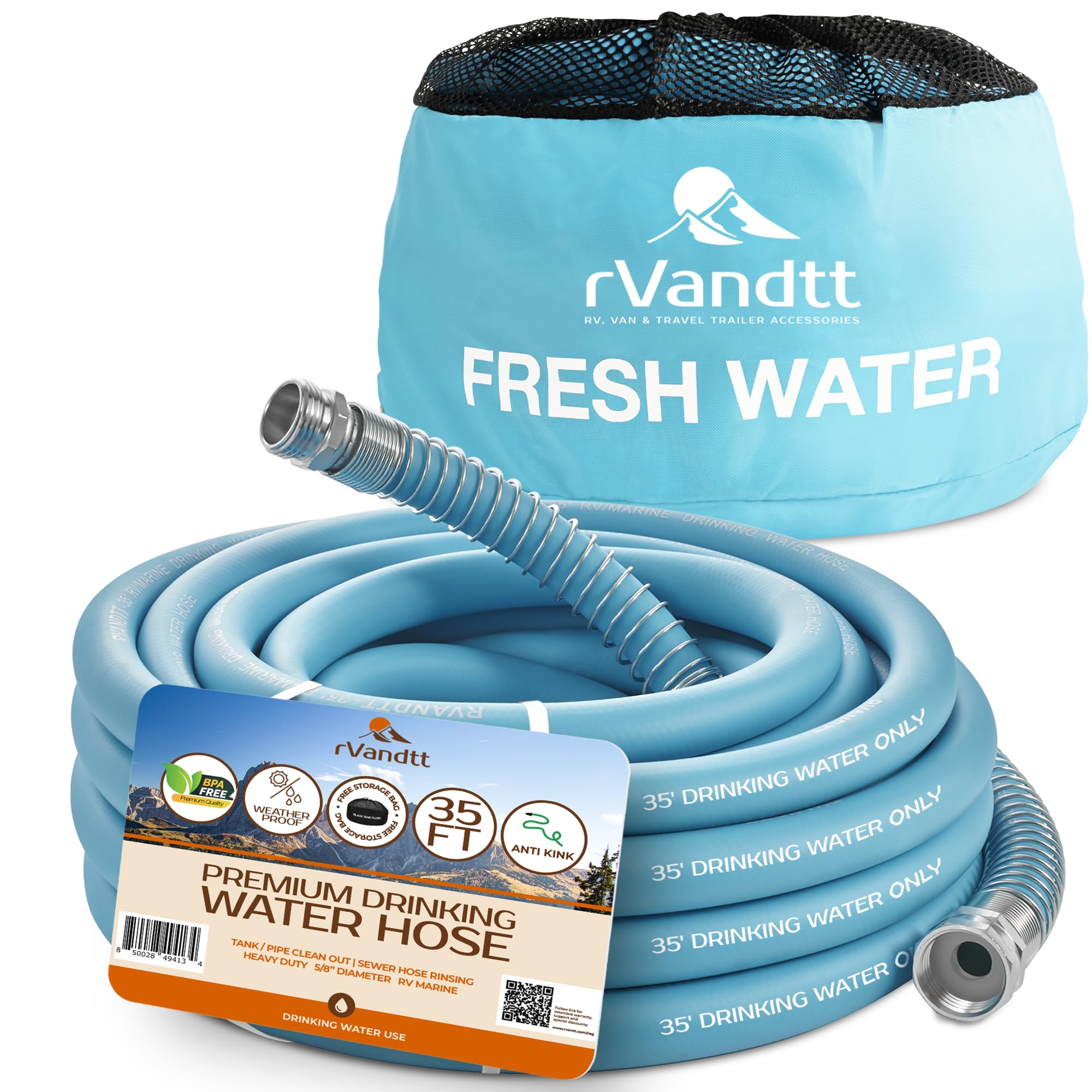 RV Fresh Water Hose - Premium Drinking Water Hose with Storage Bag, Flexible Garden Hose for RV, Camping, and Outdoor Use - Lead, BPA, and Phthalate Free, 35ft 5/8" diameter