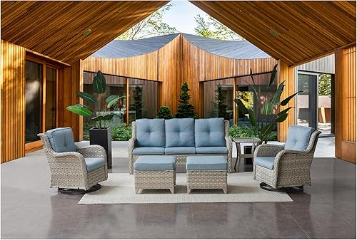 Miniatura 4 de Belord Juego de 2 taburetes otomanos de mimbre de ratán para todo tipo de clima, con cojines suaves para muebles de patio