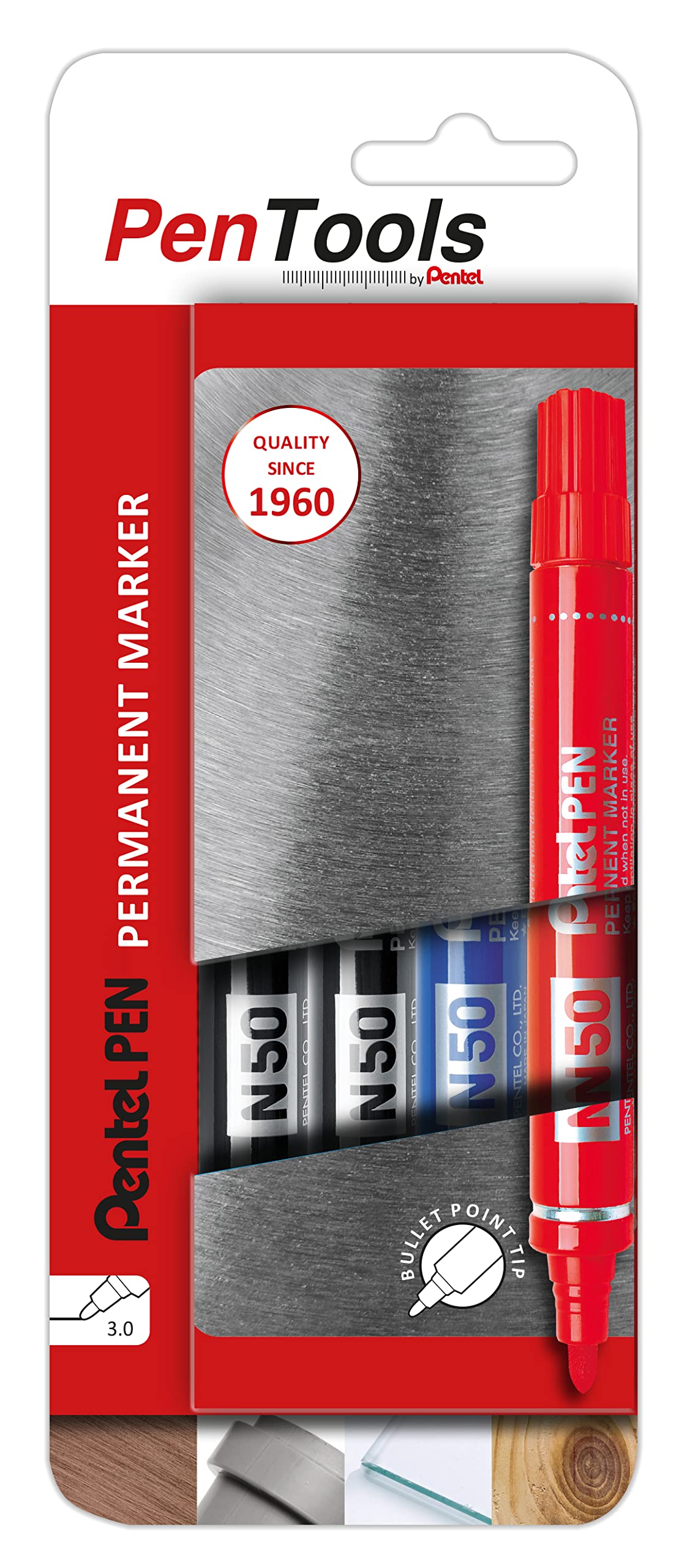 Pentel Pentools Permanent Markers 4.3mm Bullet Tip, Black, Red & Blue N50 (4 Pk)